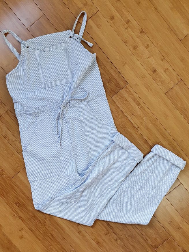 Vintage 80s White & Blue Striped Cotton Jumpsuit - XS - Image 2