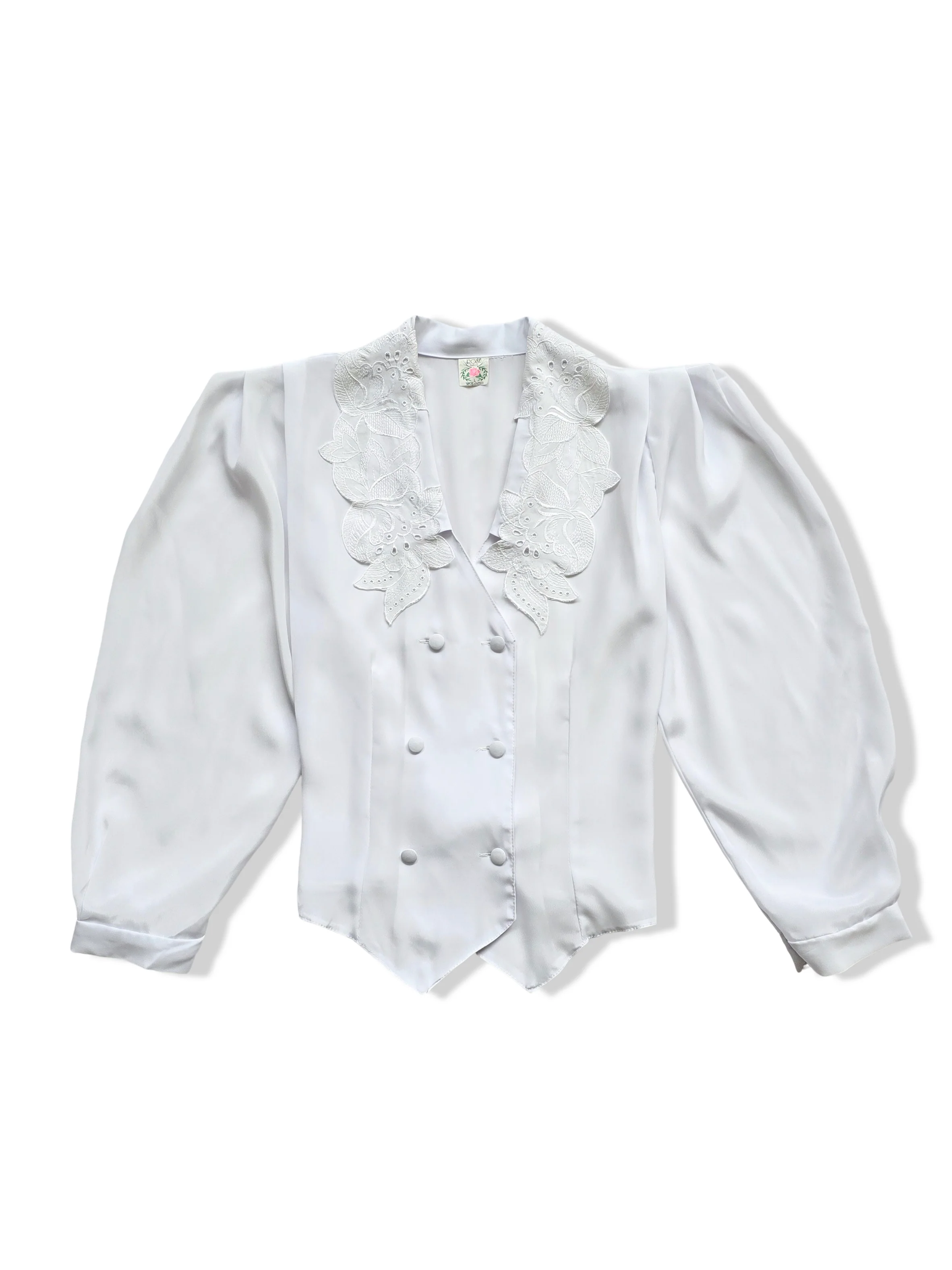 Vintage 80s White Button Up Blouse with Lace Statement Collar - M