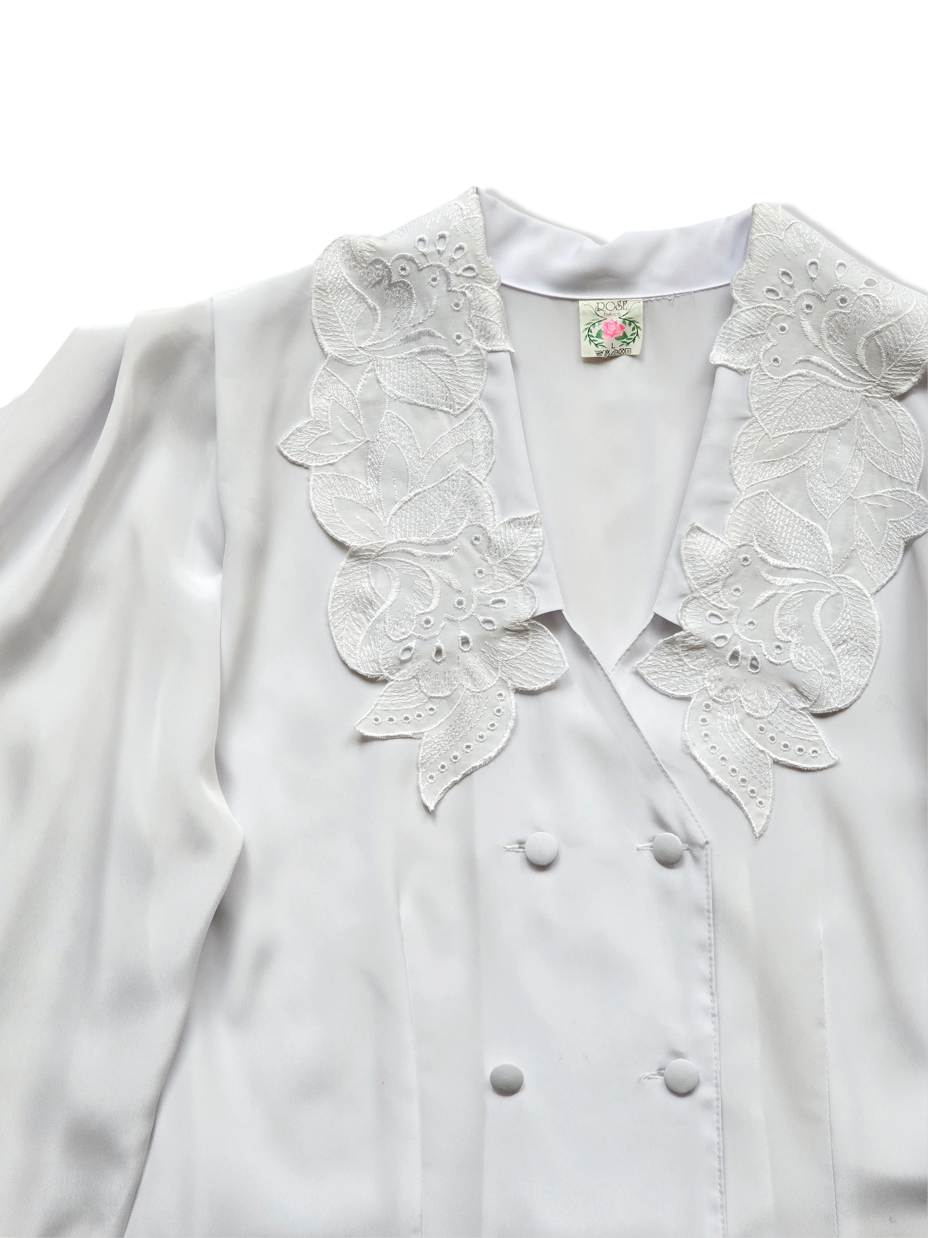 Vintage 80s White Button Up Blouse with Lace Statement Collar - M - Image 2