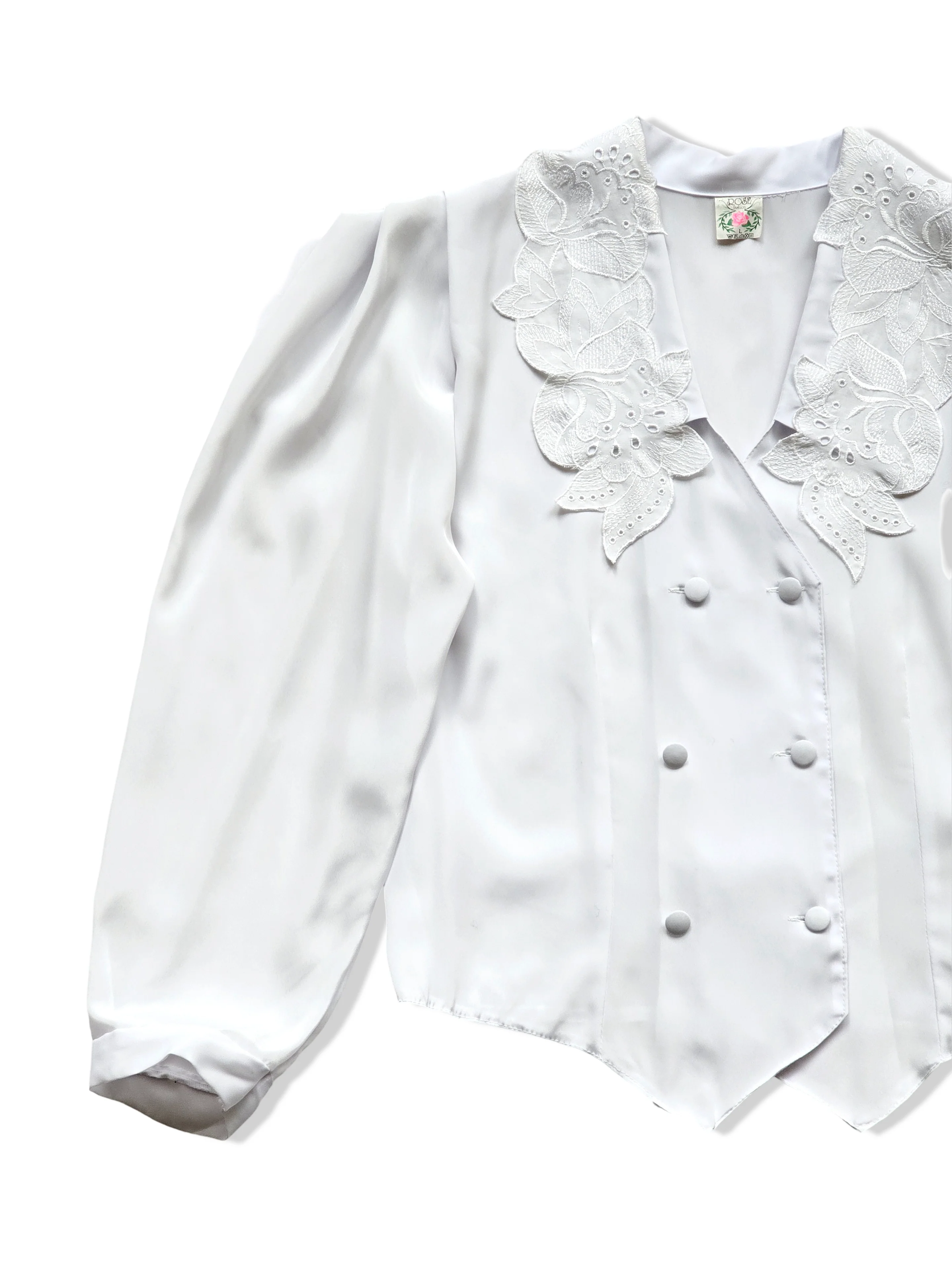 Vintage 80s White Button Up Blouse with Lace Statement Collar - M - Image 3