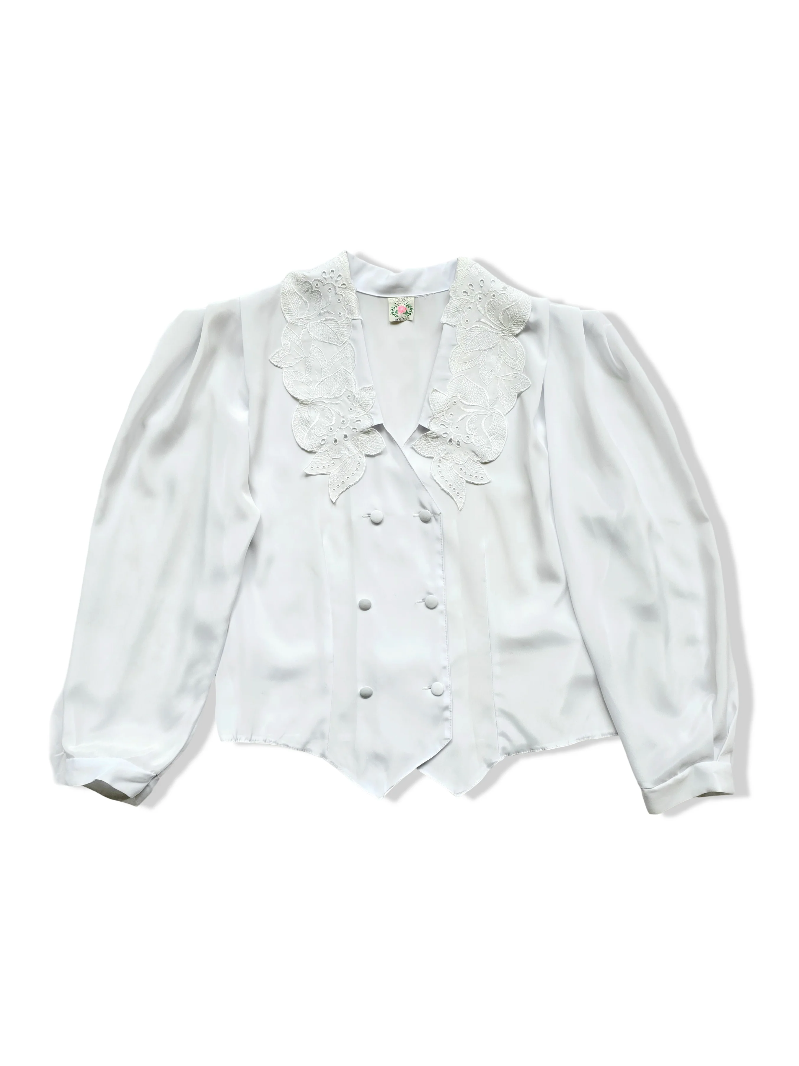 Vintage 80s White Button Up Blouse with Lace Statement Collar - M - Image 4
