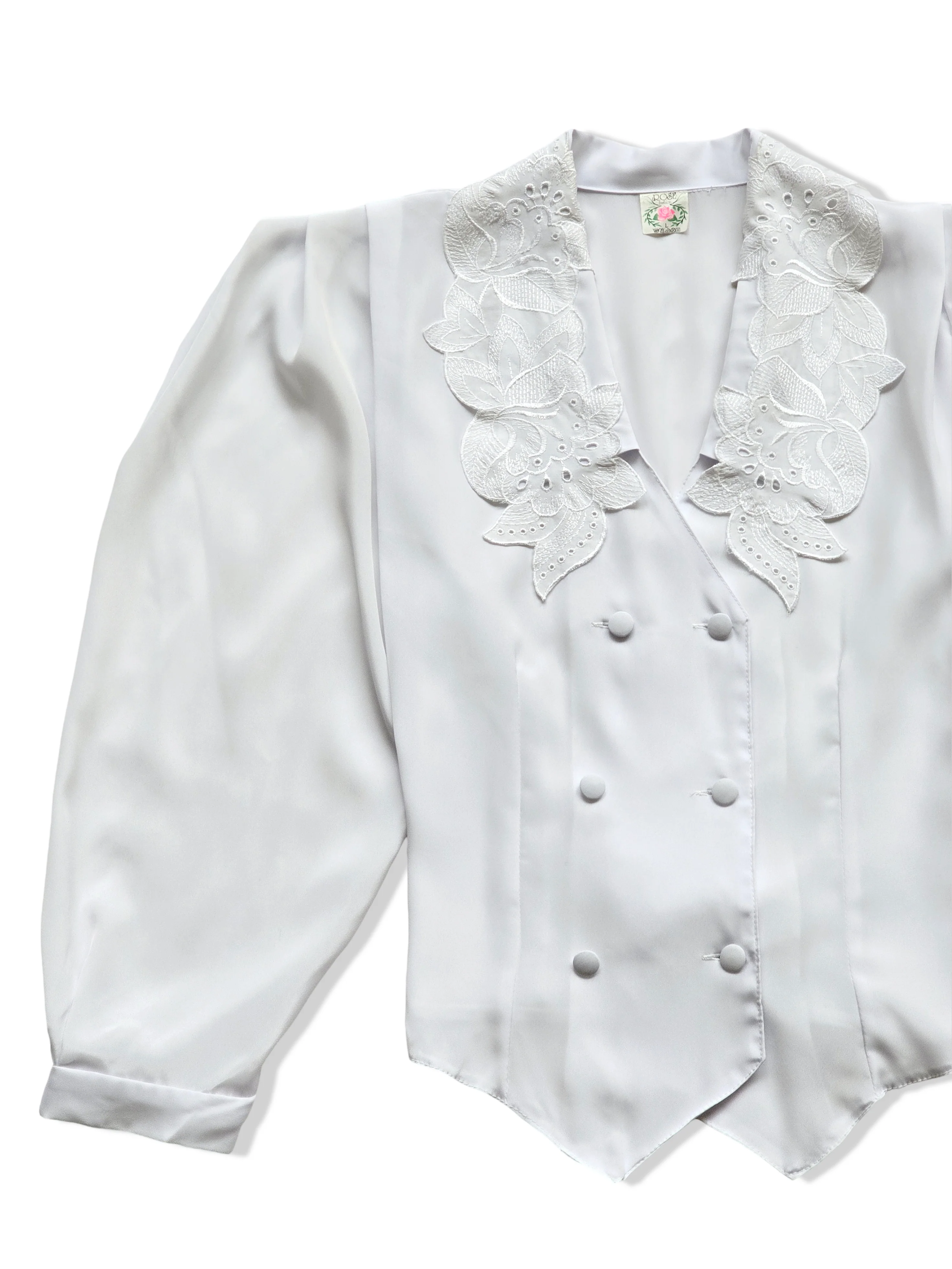 Vintage 80s White Button Up Blouse with Lace Statement Collar - M - Image 7