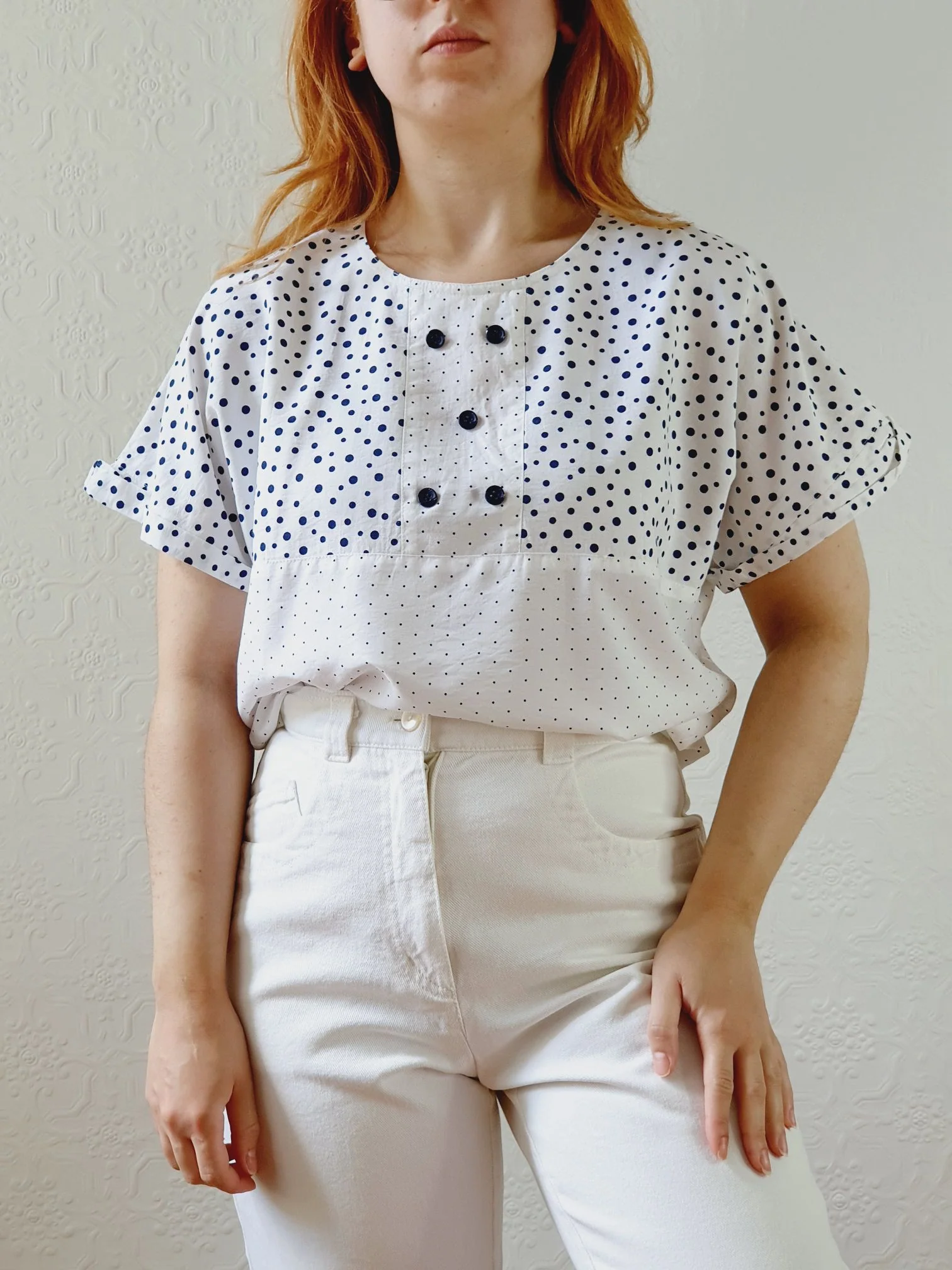 Vintage 80s White Cap Sleeve Blouse with Navy Dots - S/M