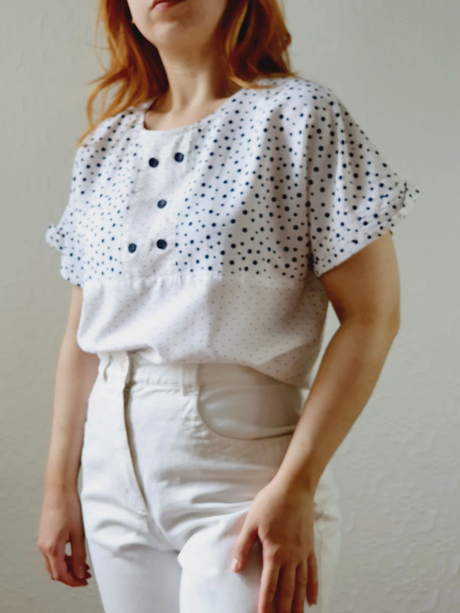 Vintage 80s White Cap Sleeve Blouse with Navy Dots - S/M - Image 2