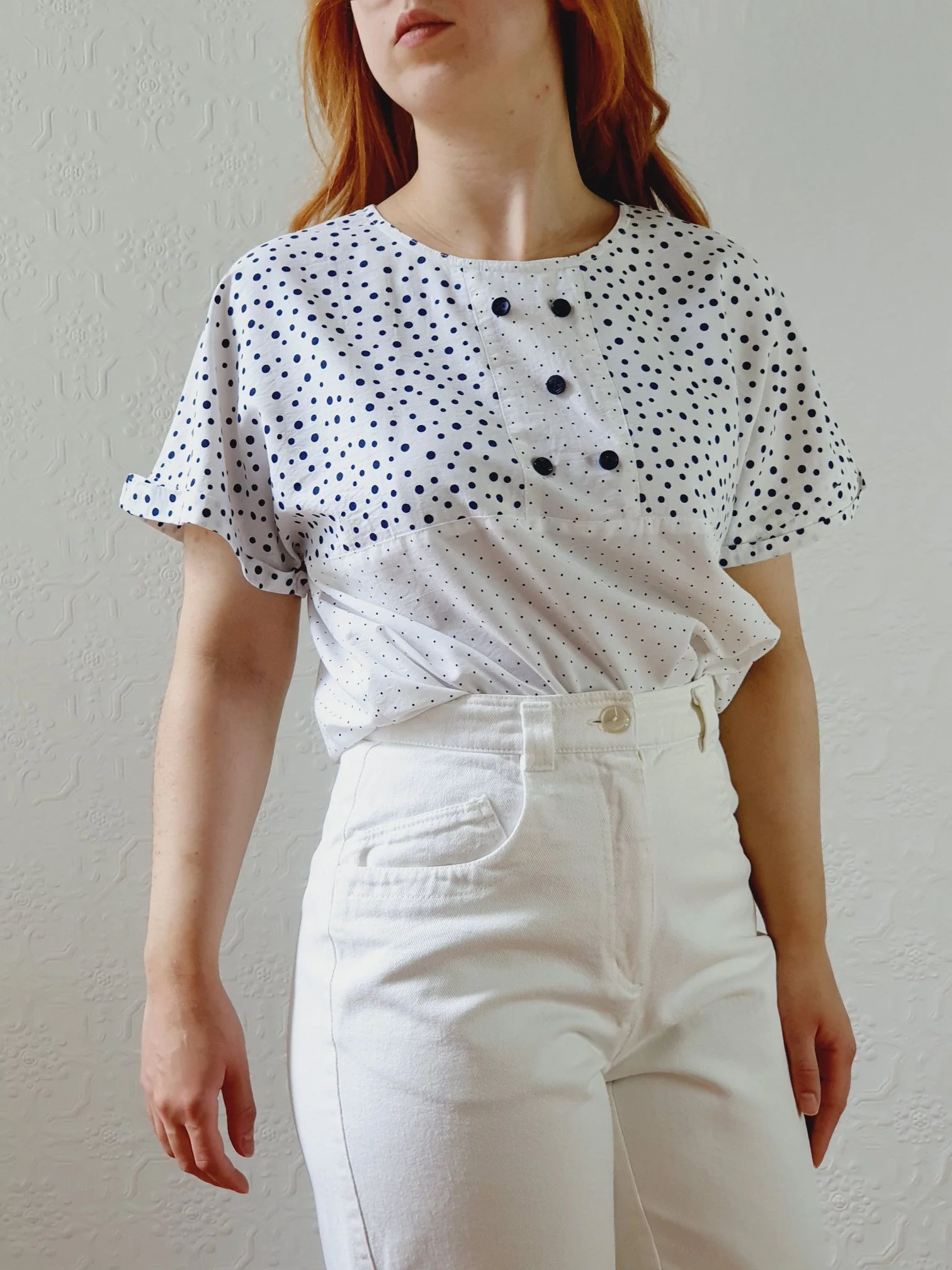 Vintage 80s White Cap Sleeve Blouse with Navy Dots - S/M - Image 3