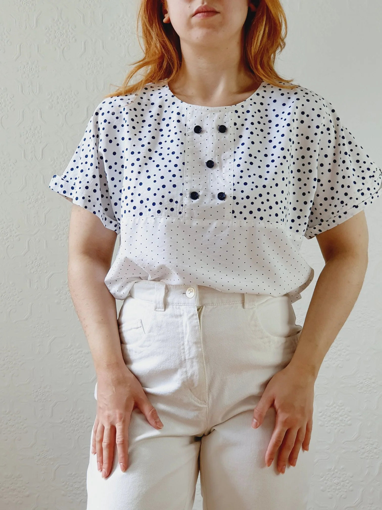 Vintage 80s White Cap Sleeve Blouse with Navy Dots - S/M - Image 6