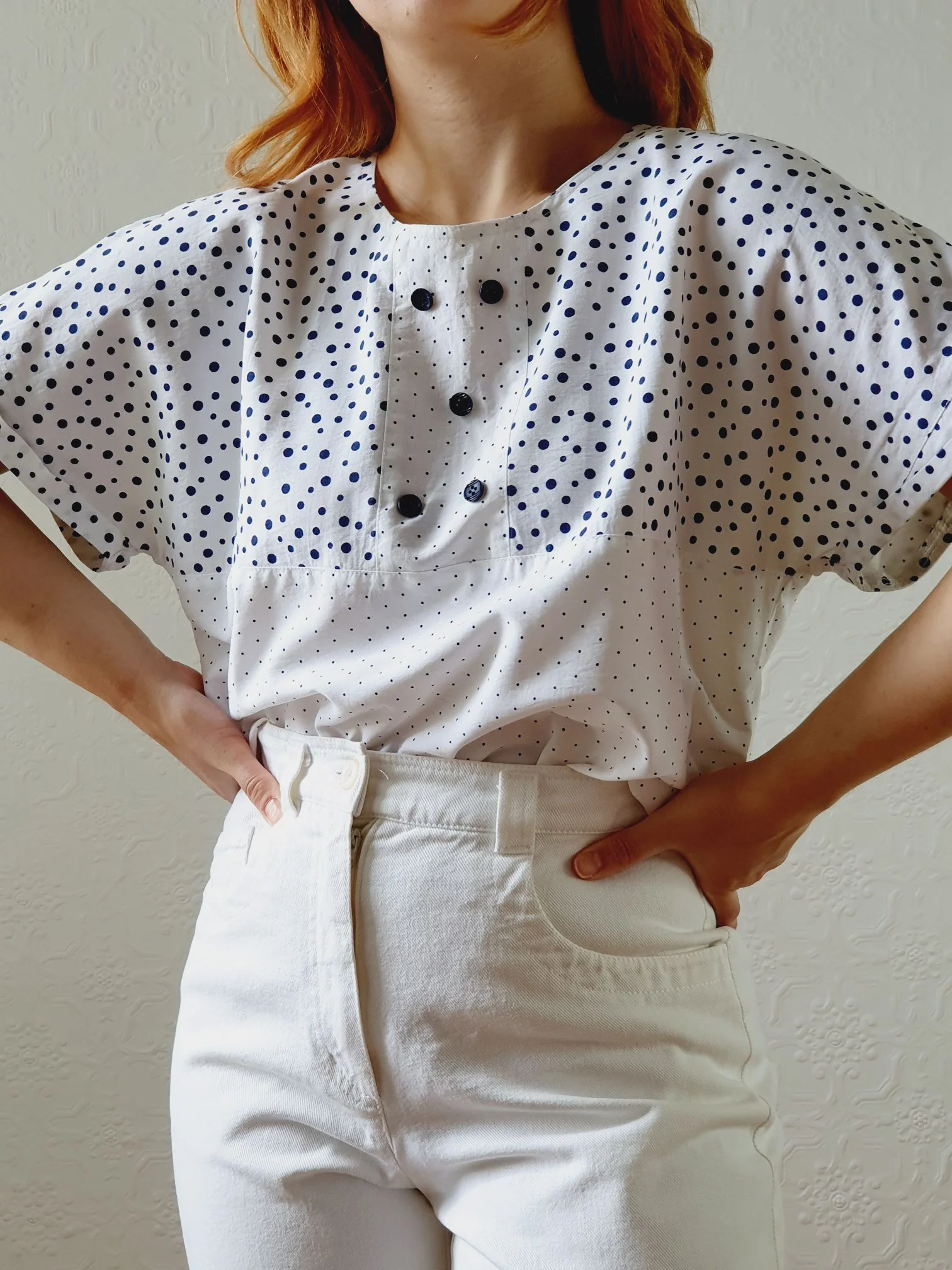 Vintage 80s White Cap Sleeve Blouse with Navy Dots - S/M - Image 7