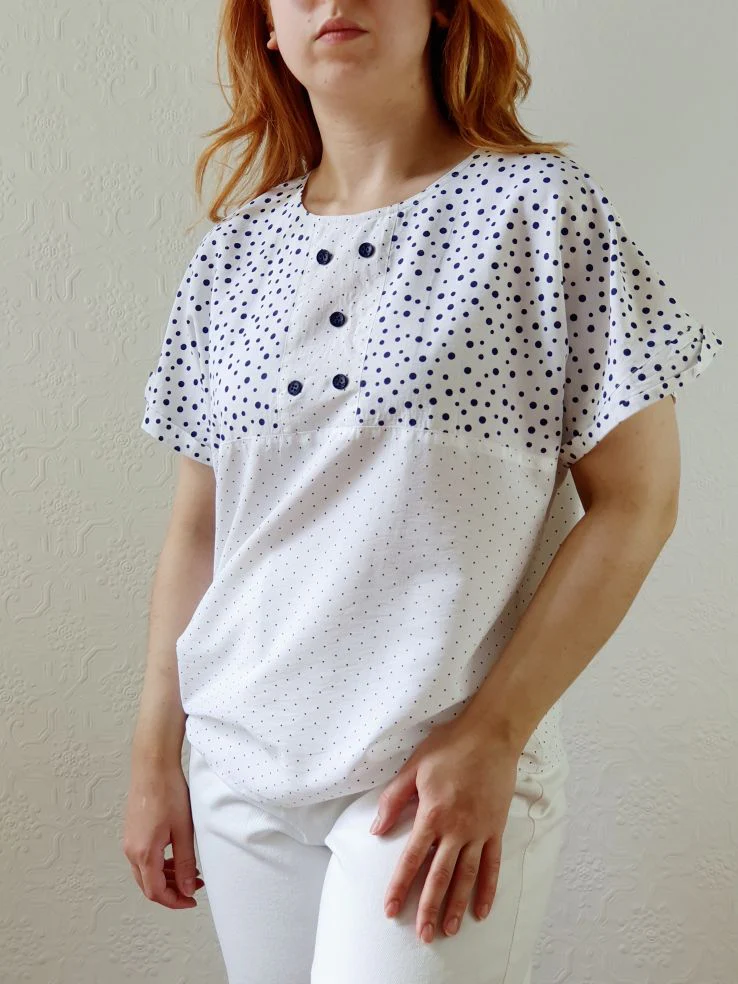 Vintage 80s White Cap Sleeve Blouse with Navy Dots - S/M - Image 8
