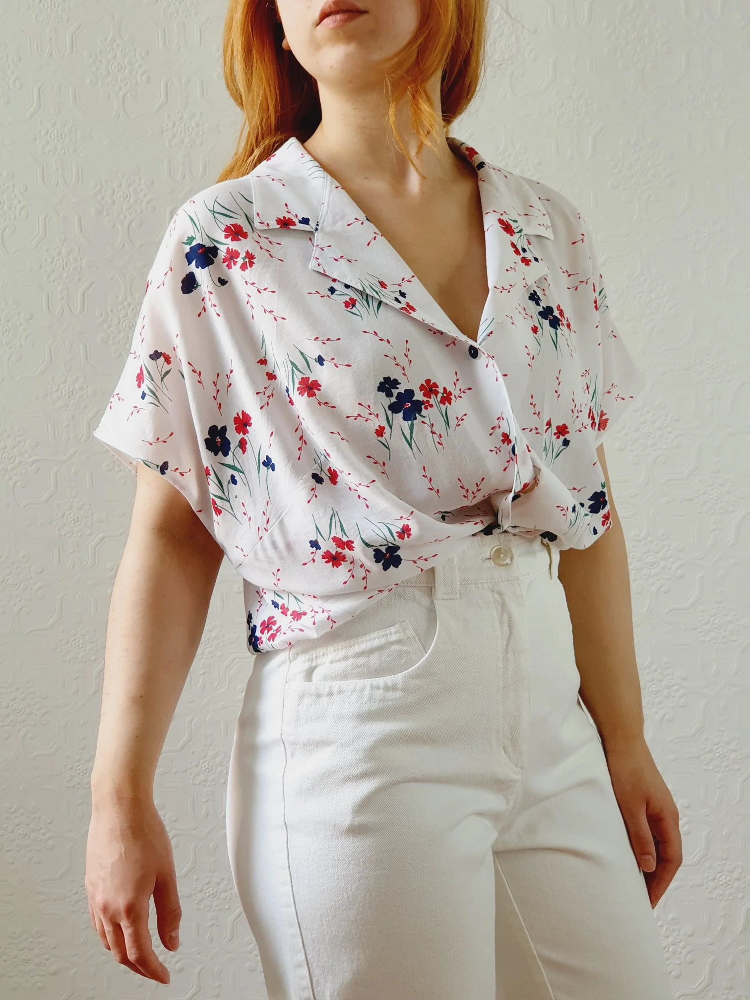 Vintage 80s White Cap Sleeve Floral Blouse - XL/XXL - Image 3