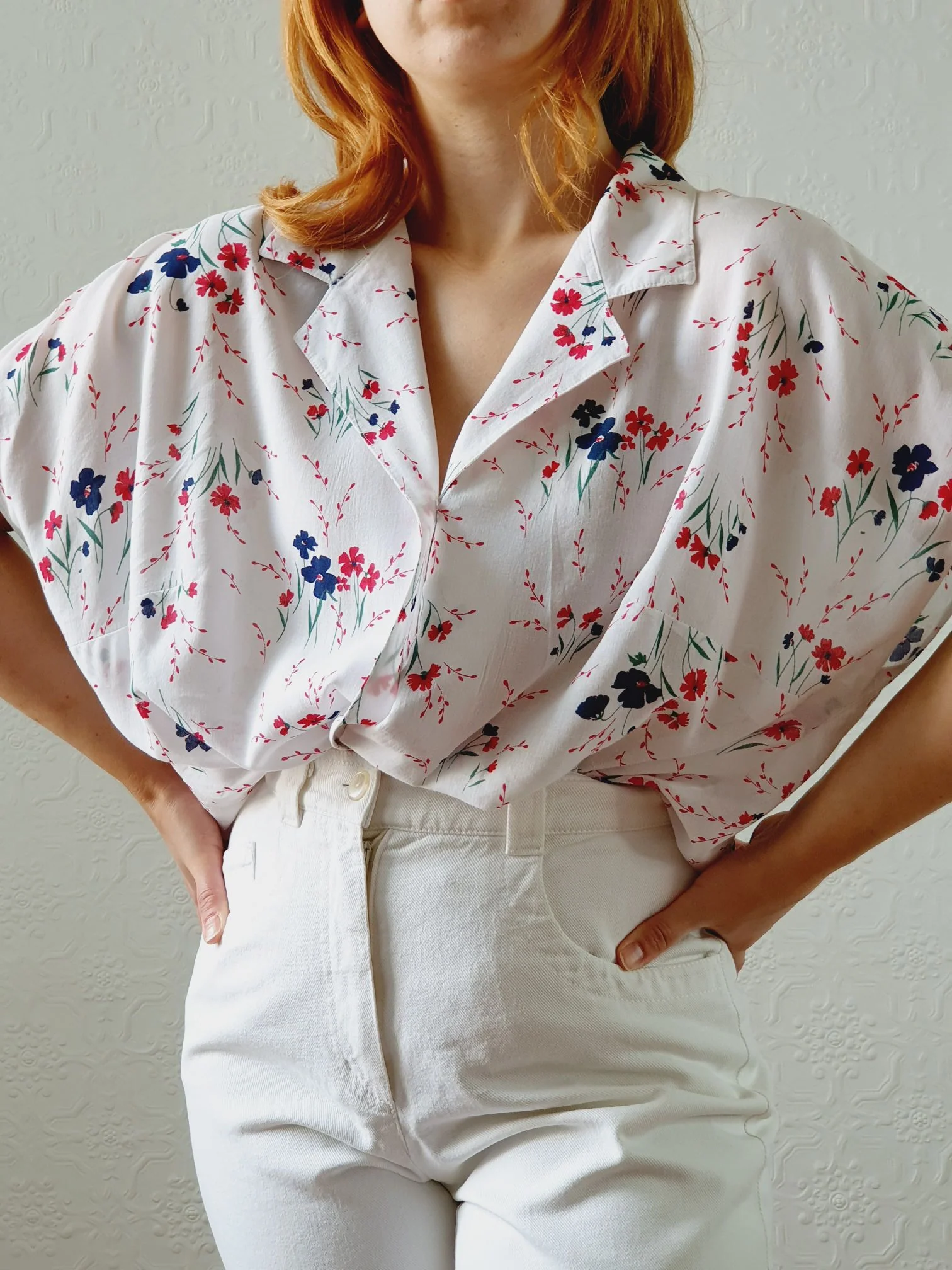 Vintage 80s White Cap Sleeve Floral Blouse - XL/XXL - Image 5