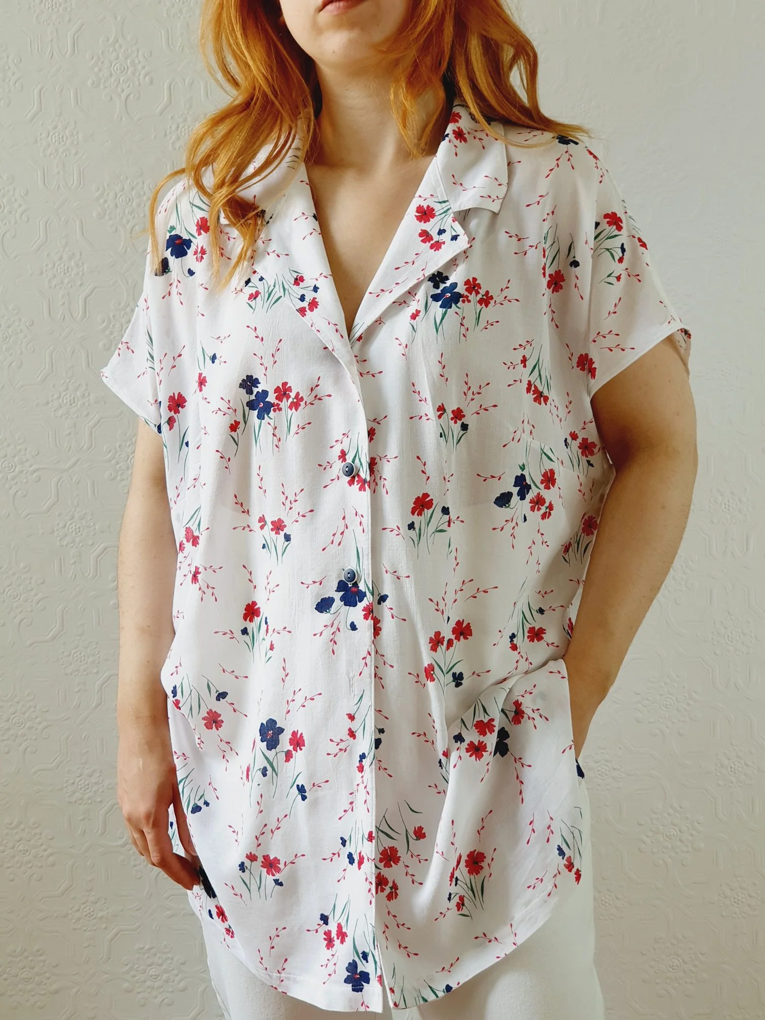 Vintage 80s White Cap Sleeve Floral Blouse - XL/XXL - Image 7
