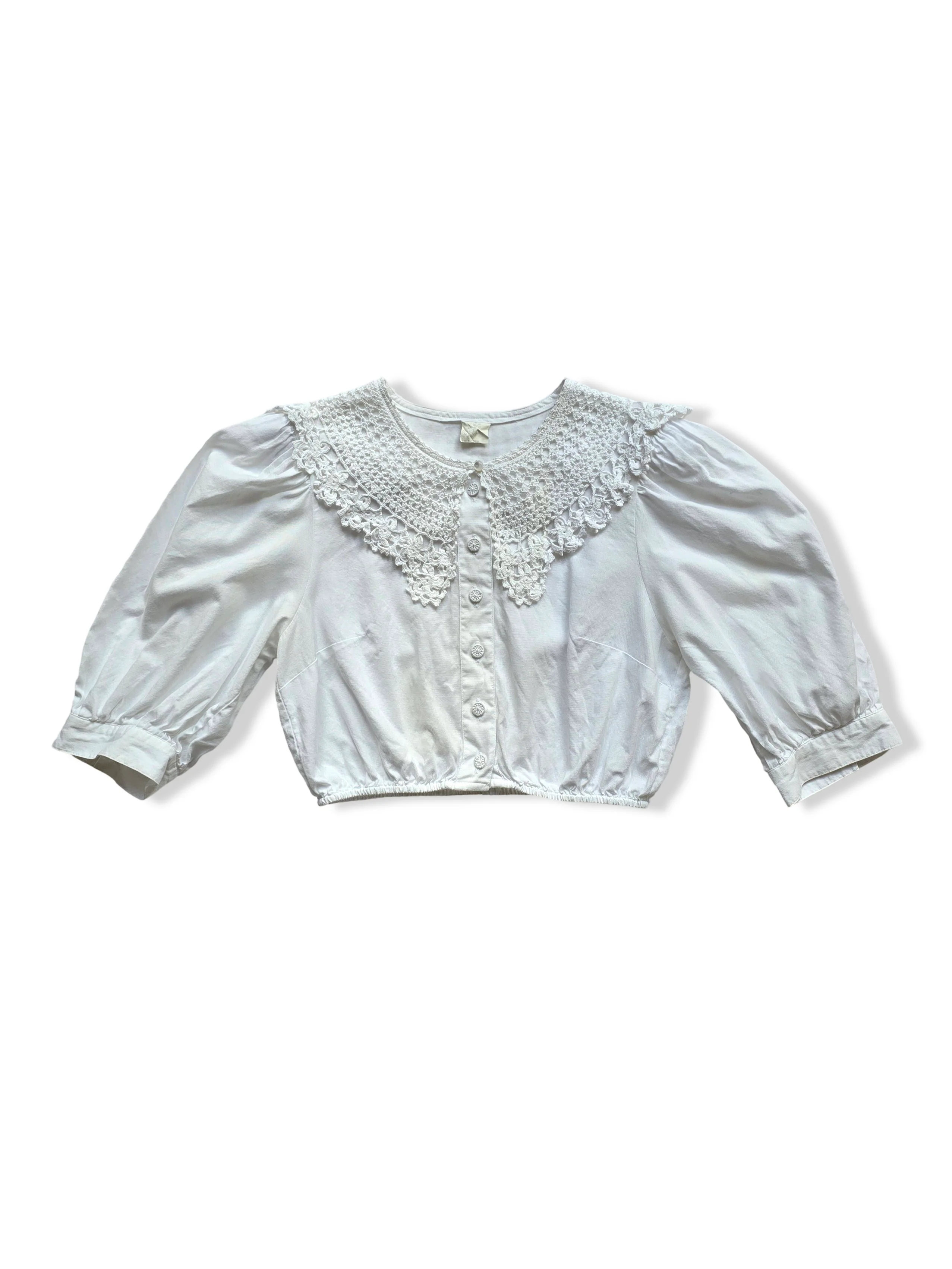 Vintage 80s White Cotton Cropped Statement Collar Blouse - S/M