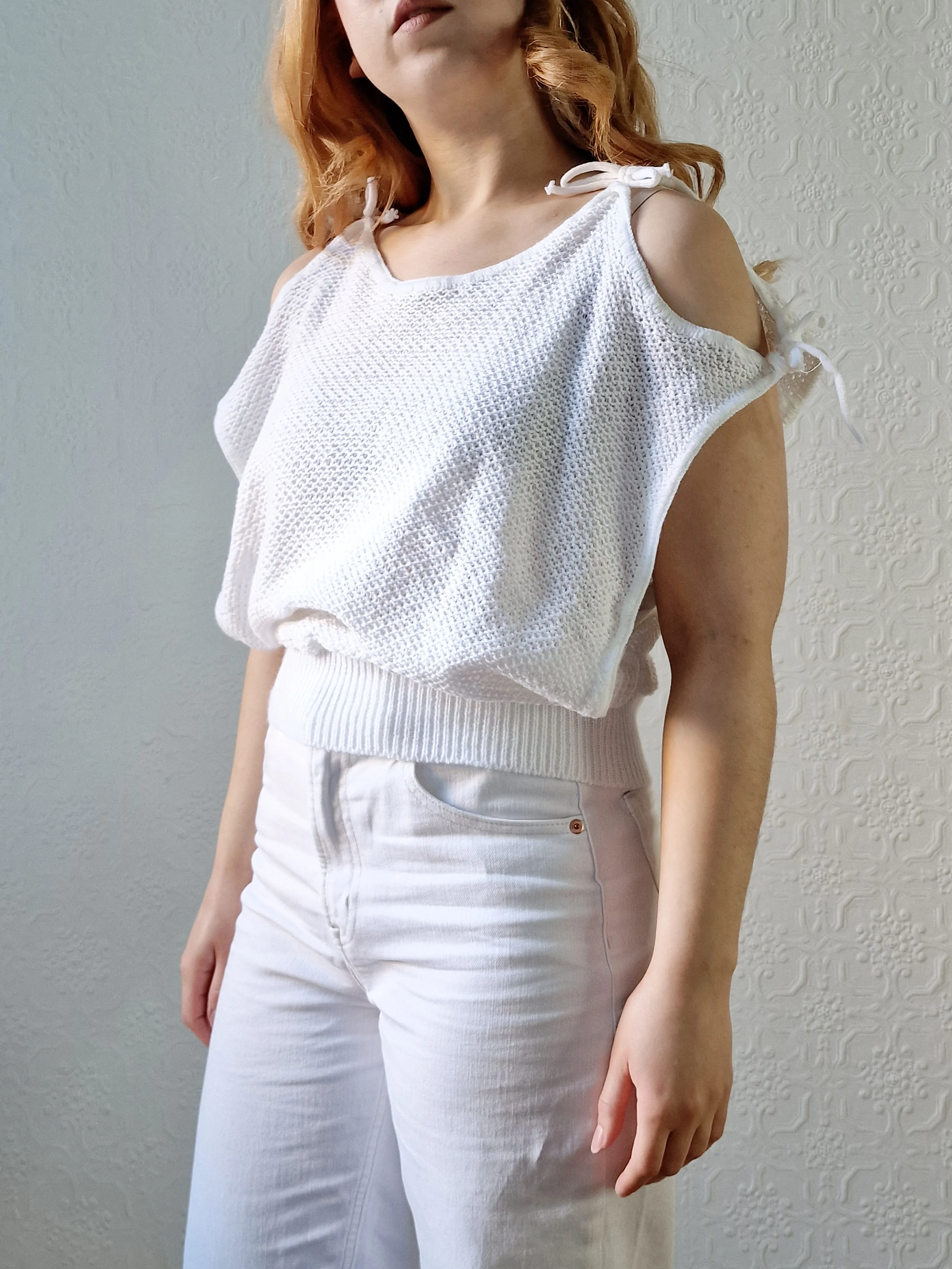 Vintage 80s White Knitted Top - S/M - Image 2