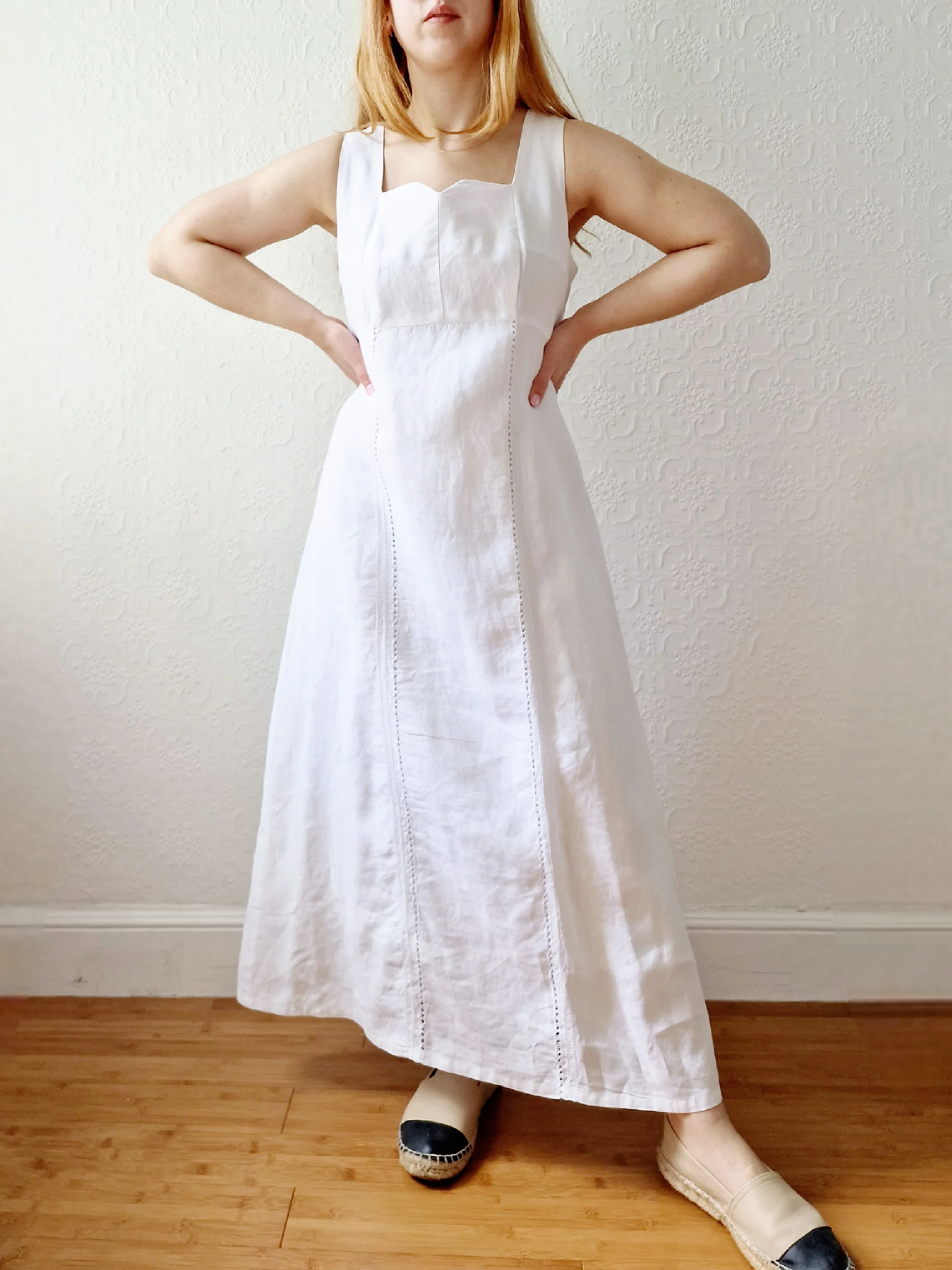 Vintage 80s White Linen Look Long Sleeveless Dress with a Square Neck - L/XL