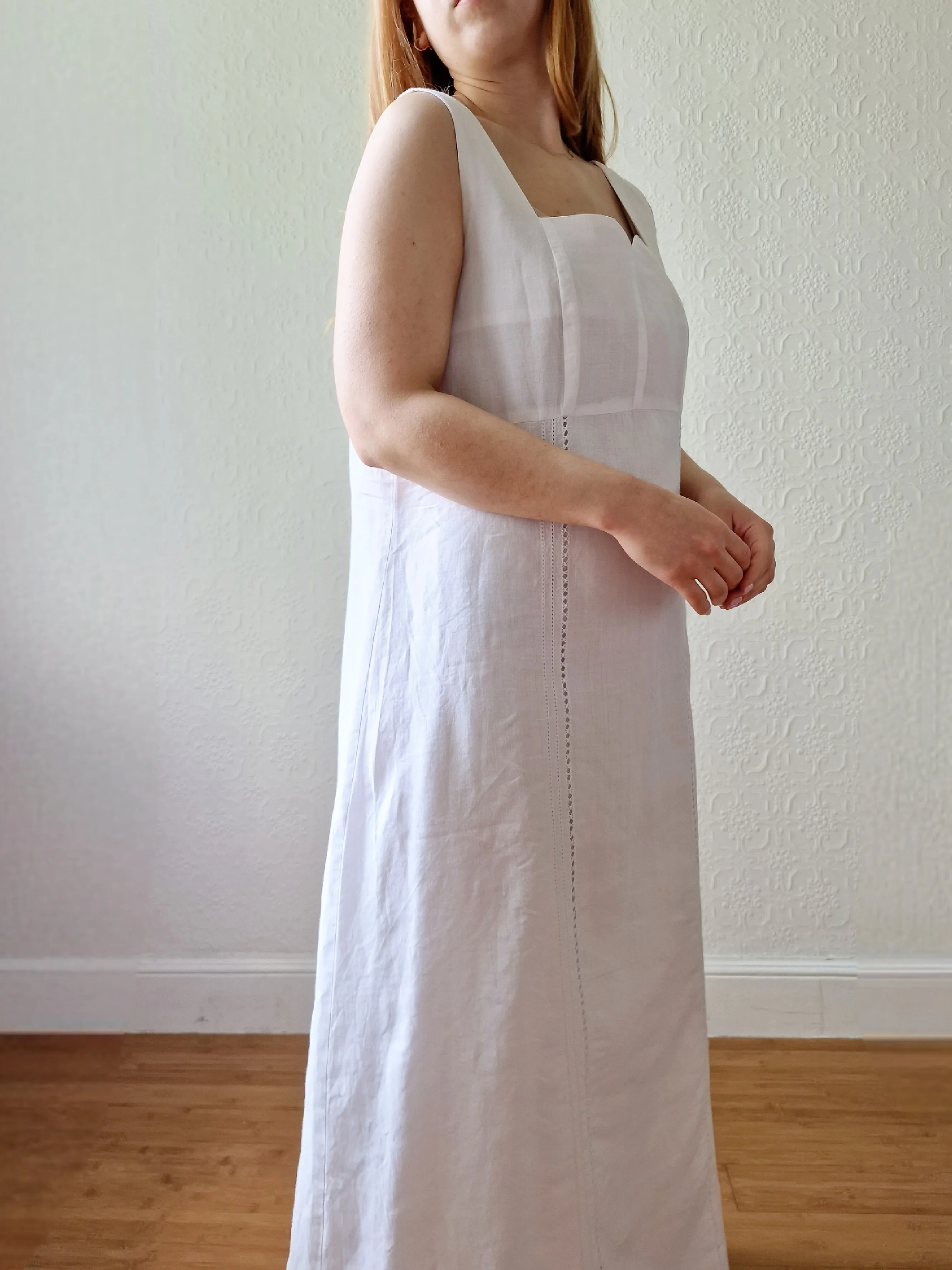 Vintage 80s White Linen Look Long Sleeveless Dress with a Square Neck - L/XL - Image 3