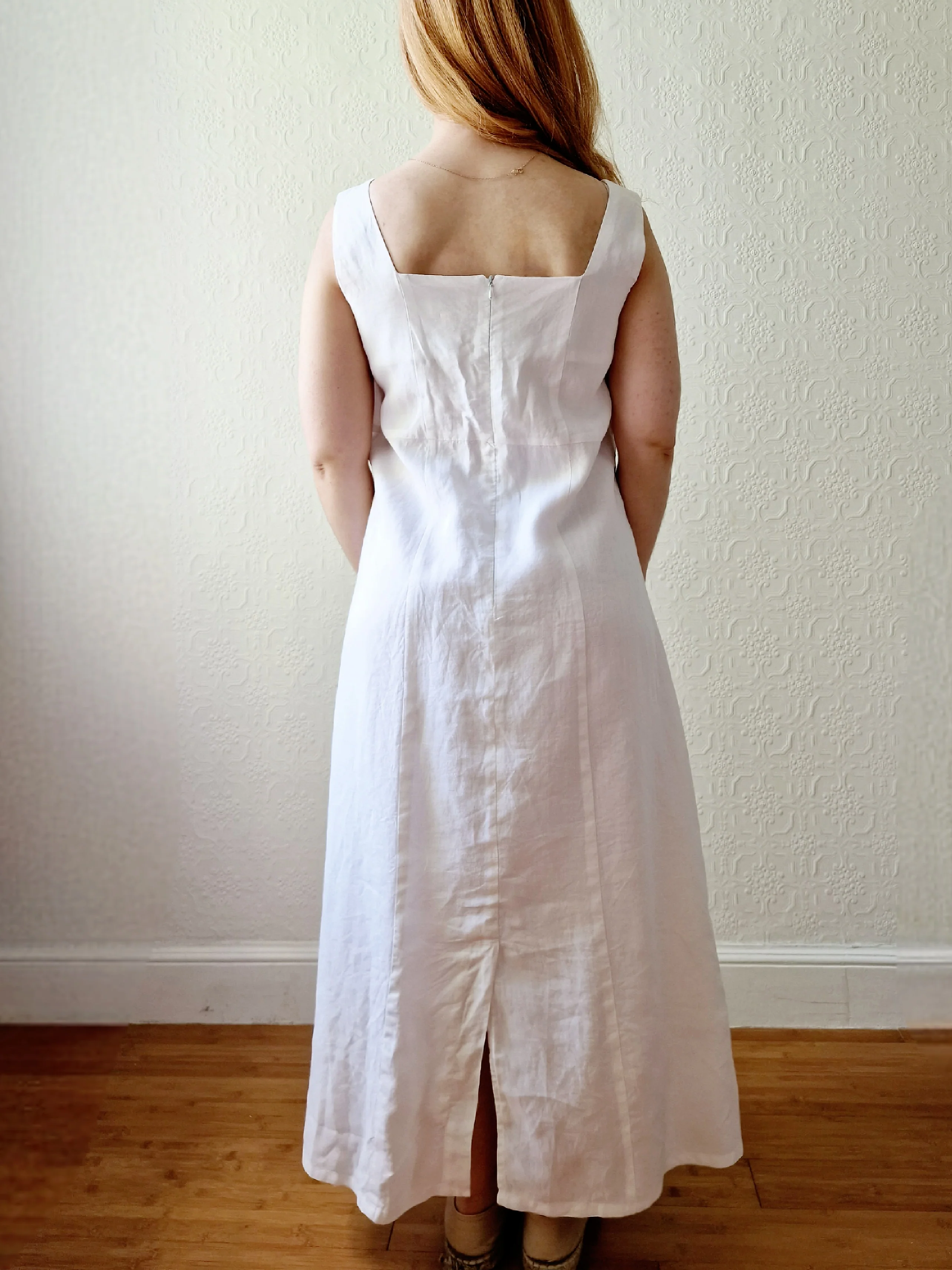 Vintage 80s White Linen Look Long Sleeveless Dress with a Square Neck - L/XL - Image 4