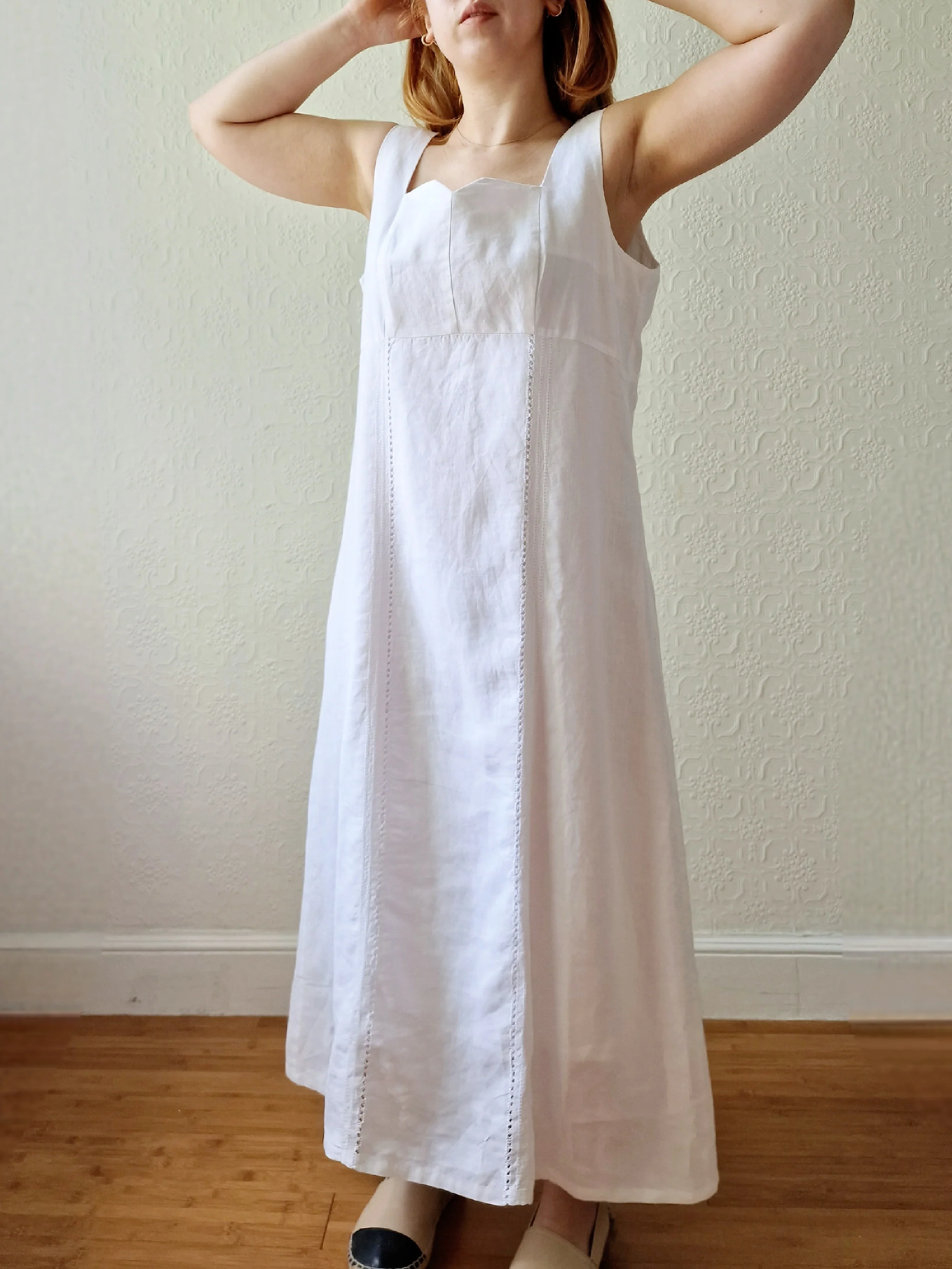 Vintage 80s White Linen Look Long Sleeveless Dress with a Square Neck - L/XL - Image 5