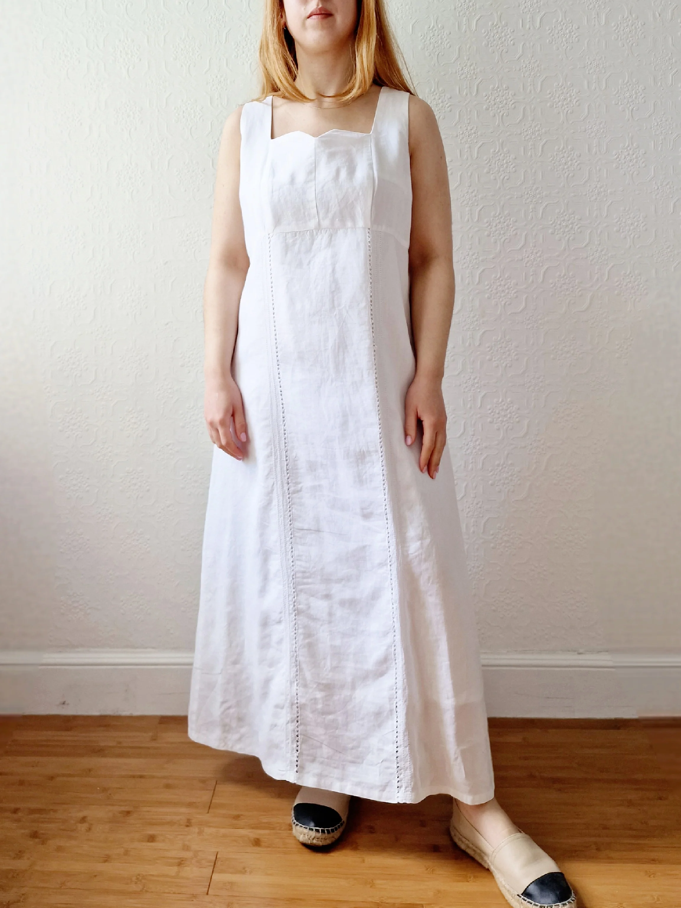 Vintage 80s White Linen Look Long Sleeveless Dress with a Square Neck - L/XL - Image 6