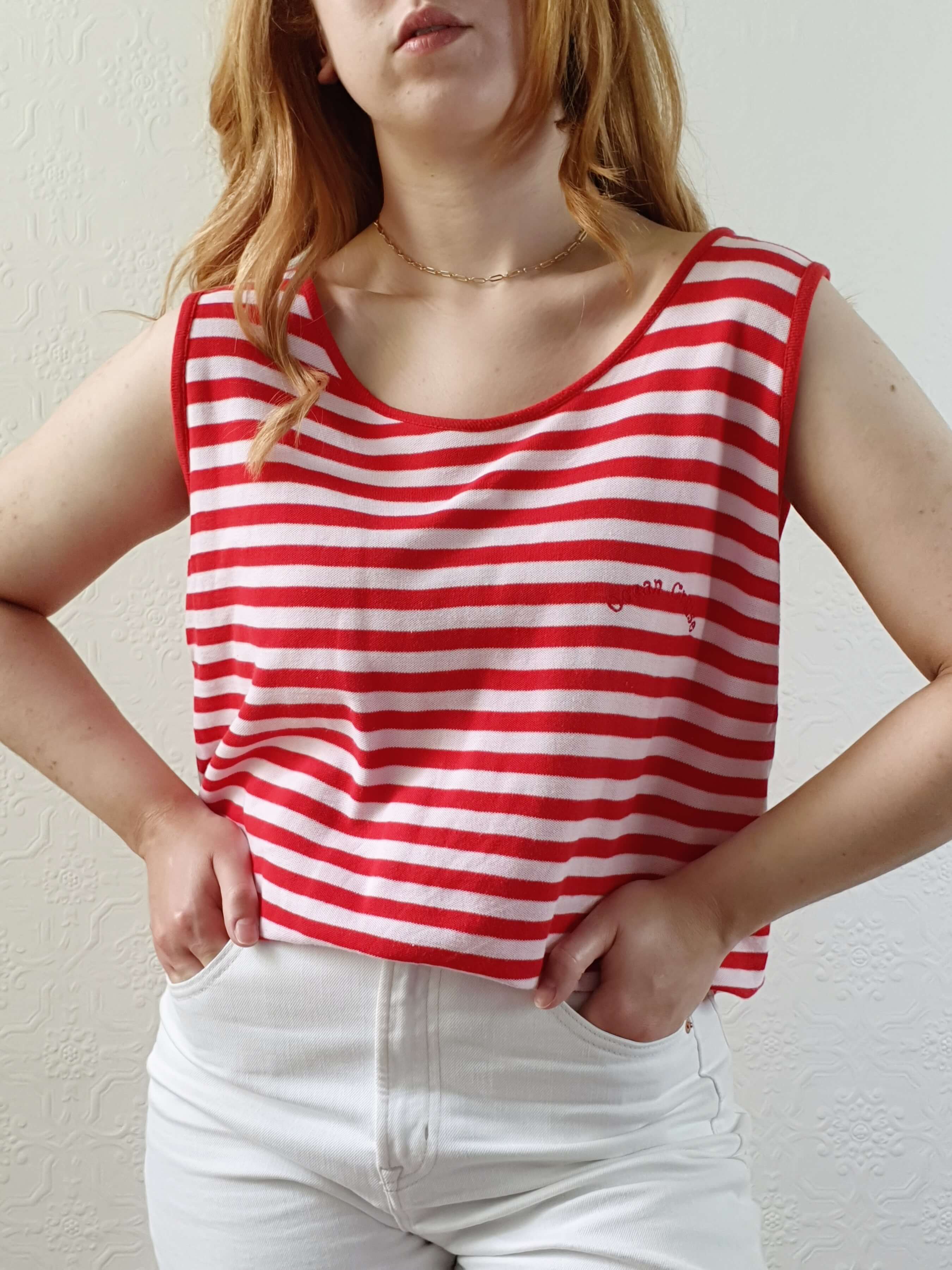 Vintage 80s White & Red Striped Sleeveless Top - L
