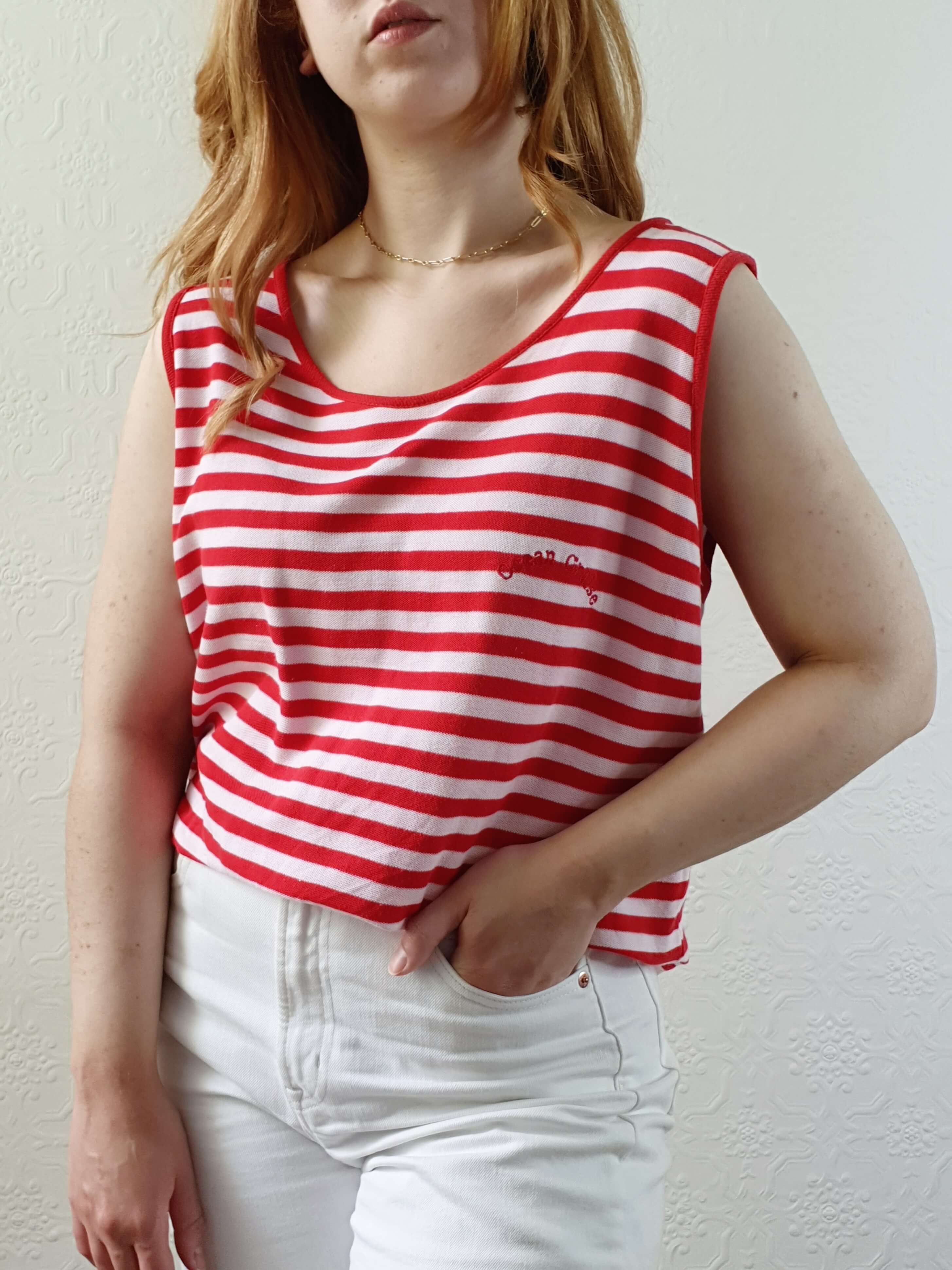 Vintage 80s White & Red Striped Sleeveless Top - L - Image 2