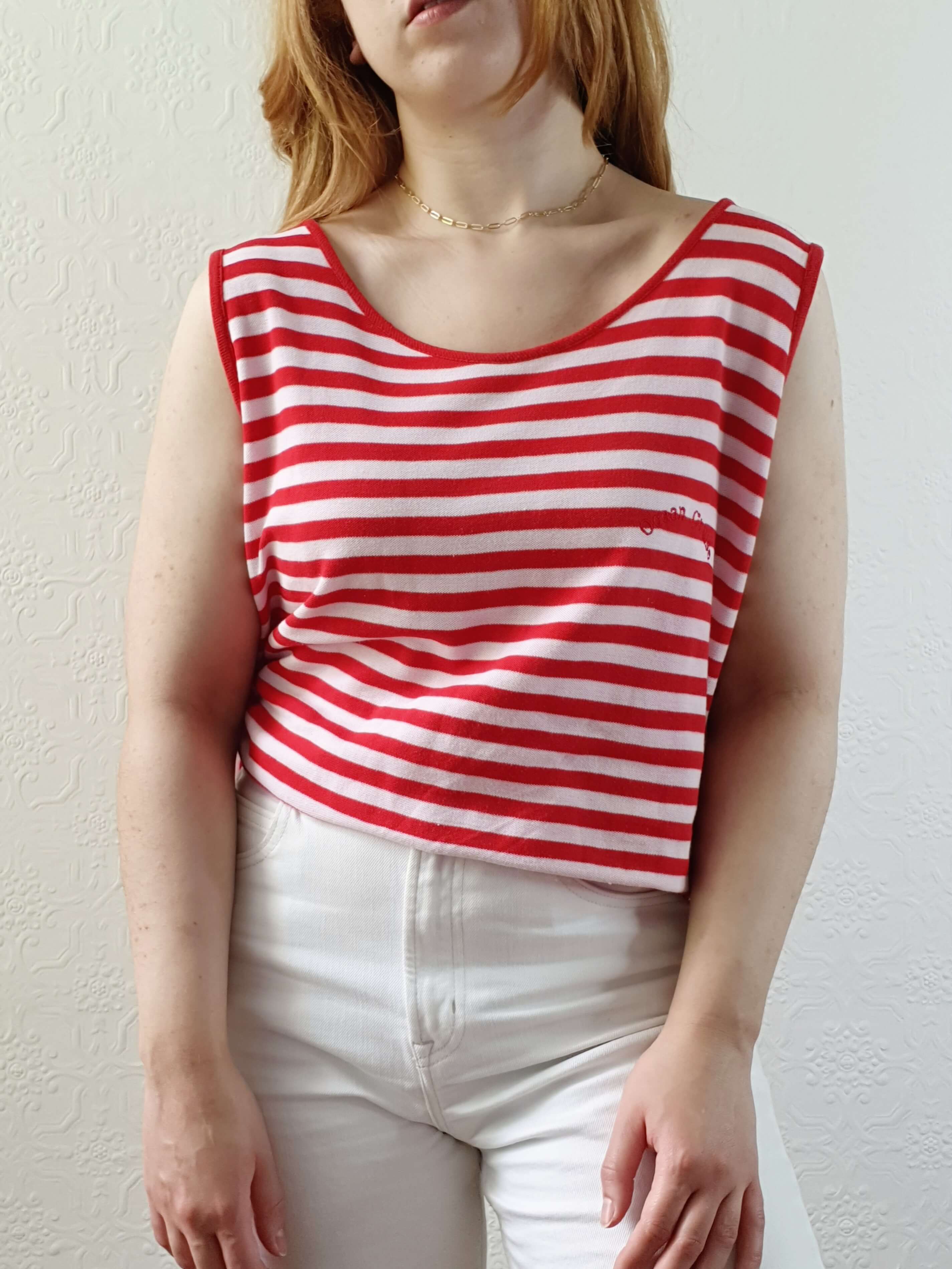 Vintage 80s White & Red Striped Sleeveless Top - L - Image 4