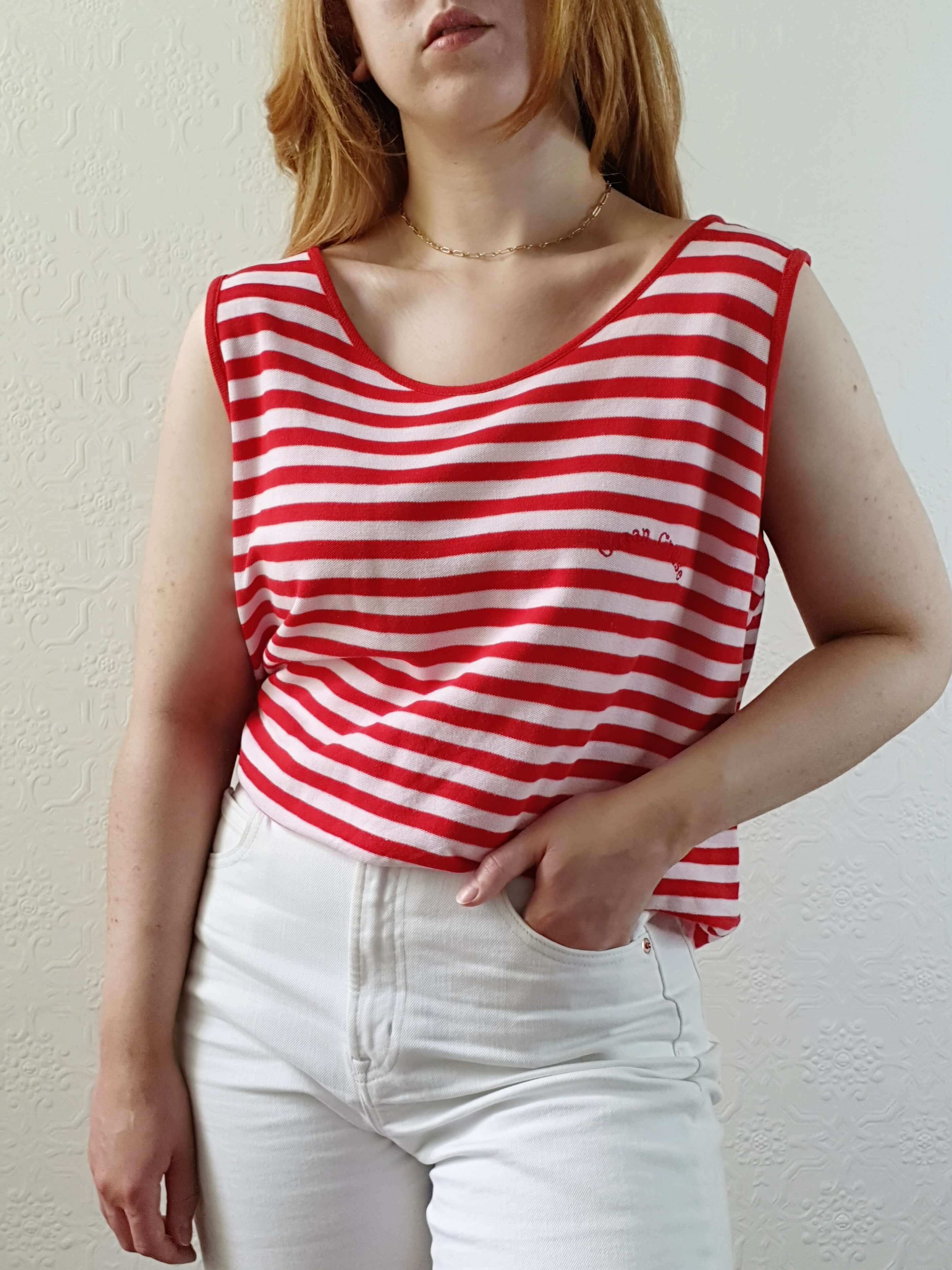Vintage 80s White & Red Striped Sleeveless Top - L - Image 5