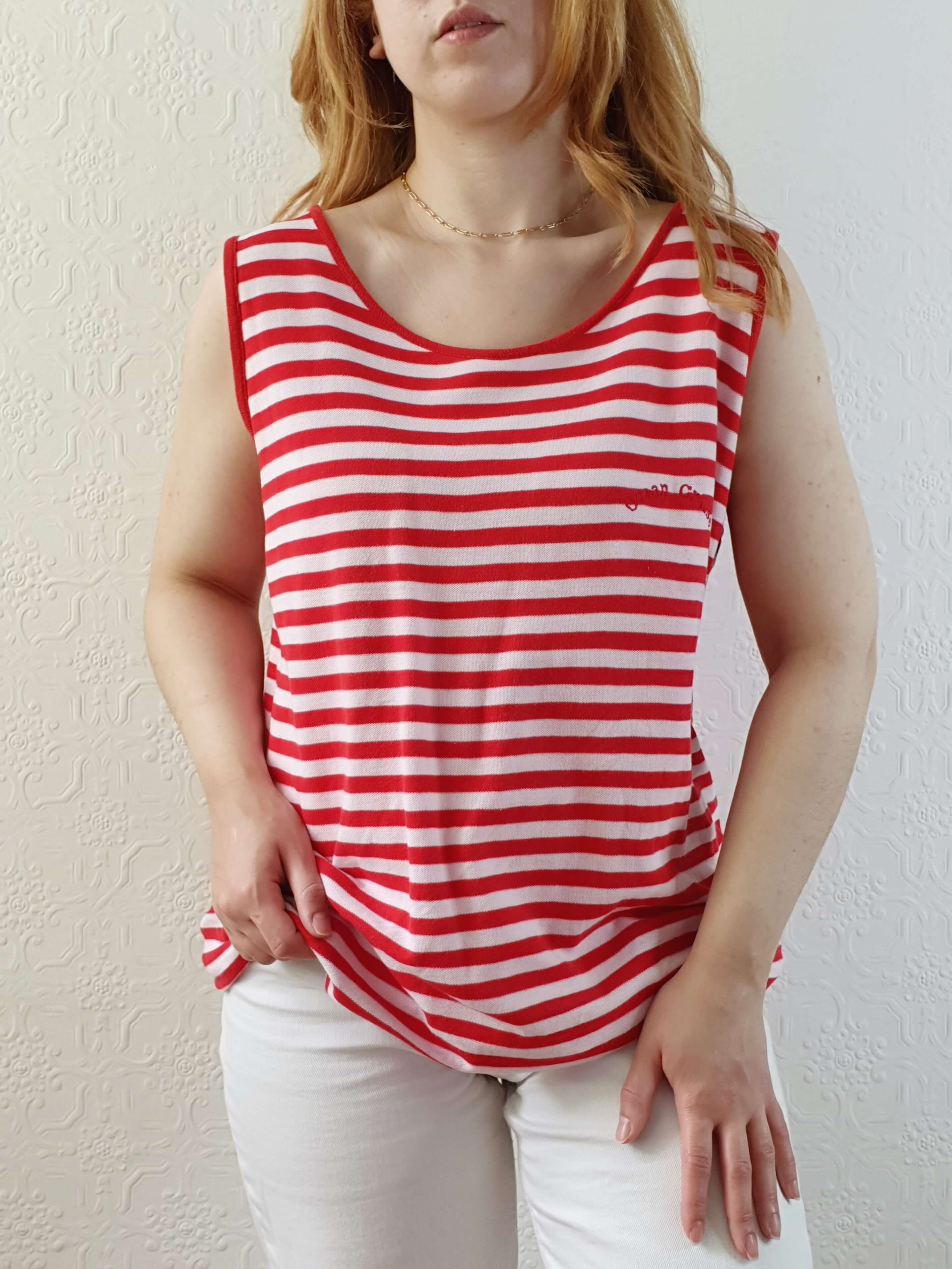 Vintage 80s White & Red Striped Sleeveless Top - L - Image 6