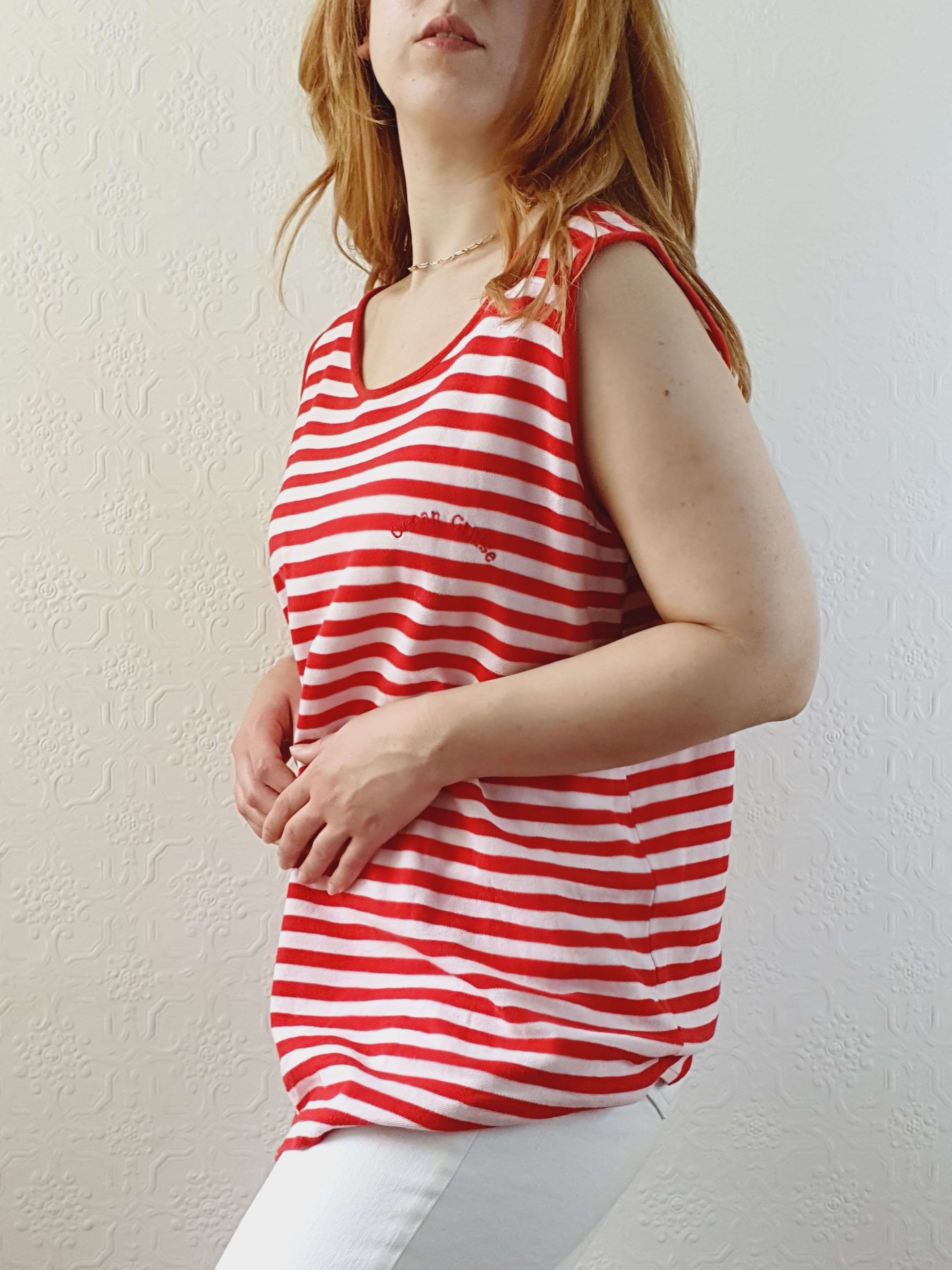 Vintage 80s White & Red Striped Sleeveless Top - L - Image 7