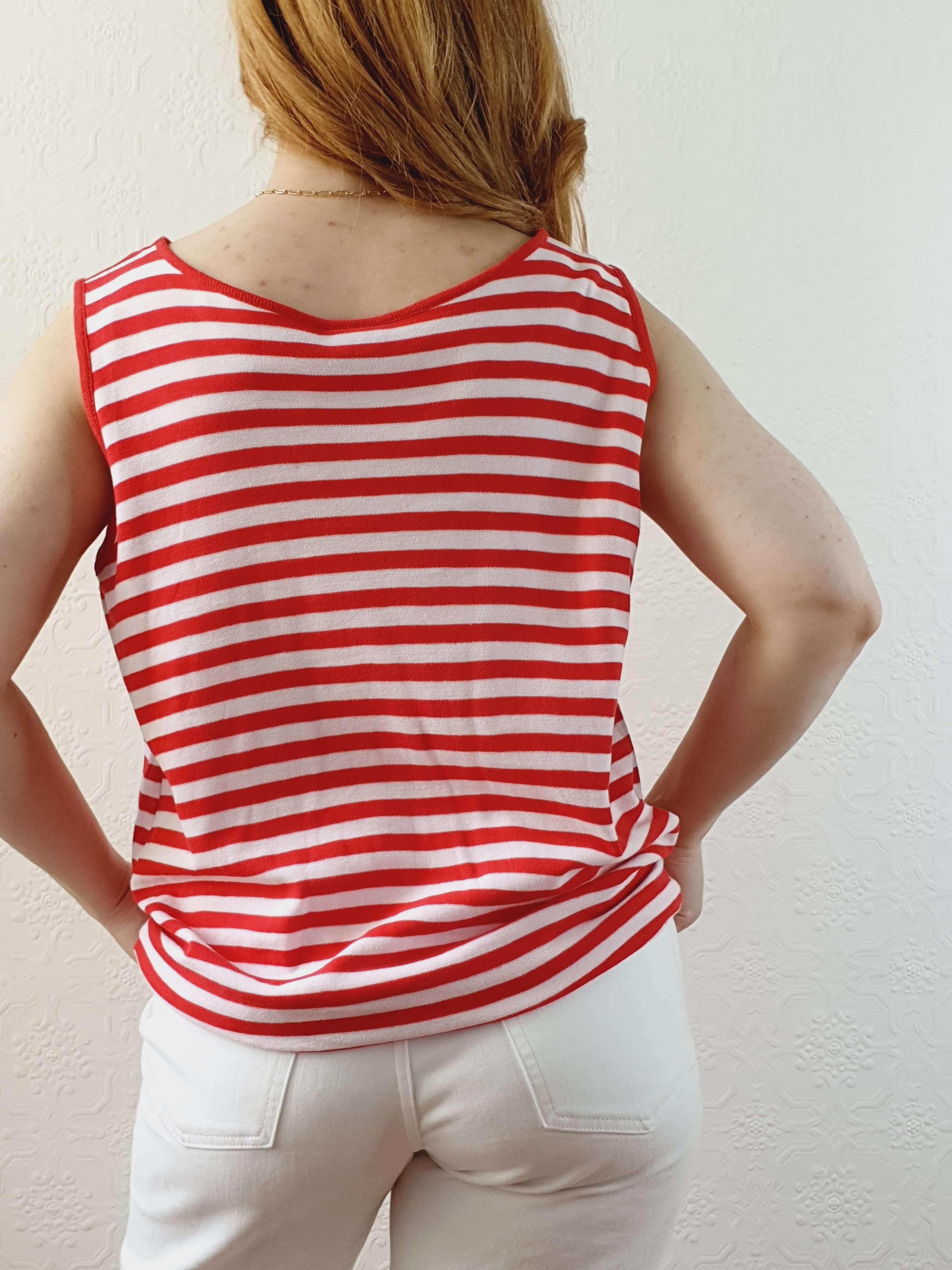 Vintage 80s White & Red Striped Sleeveless Top - L - Image 8