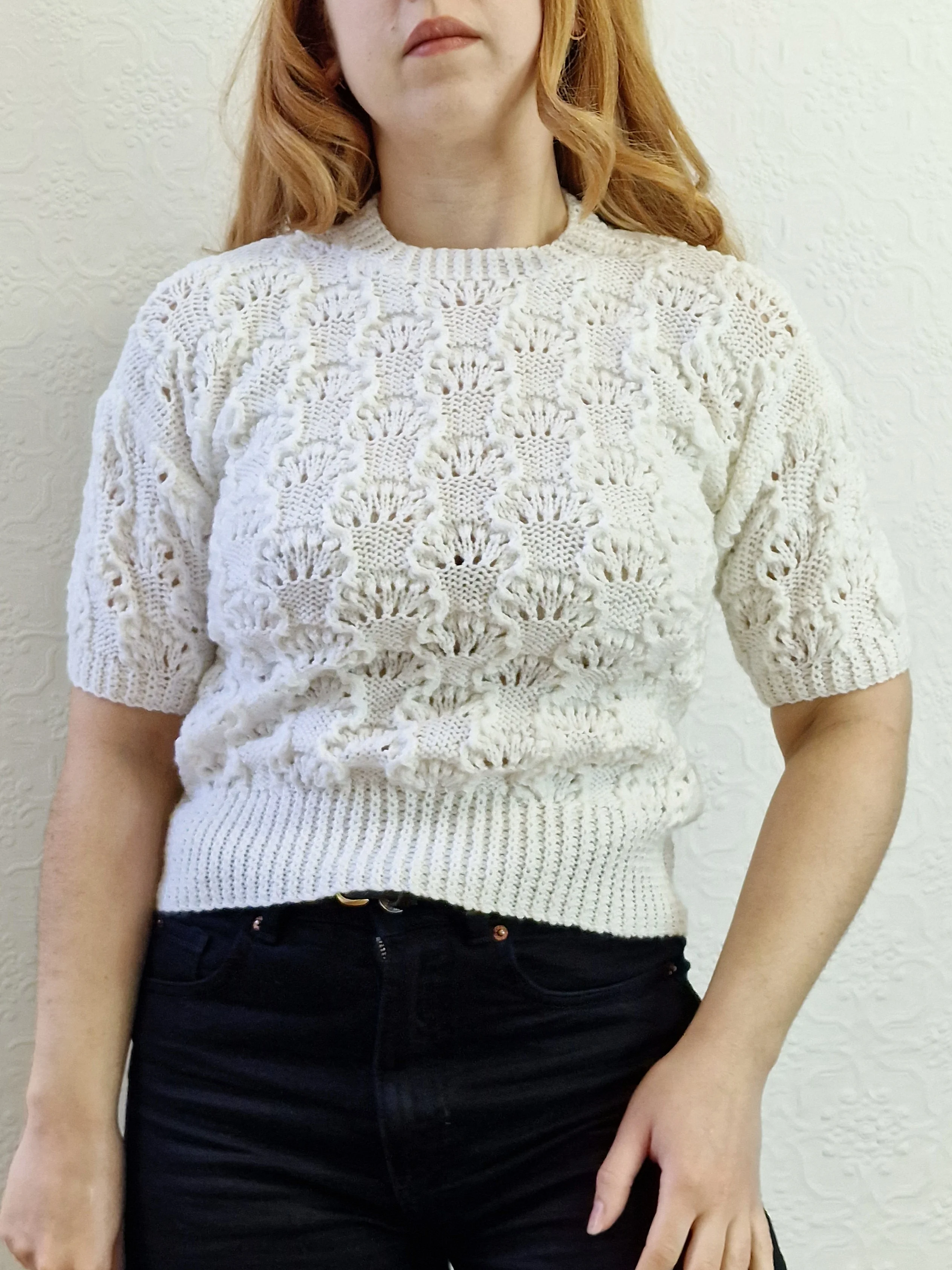 Vintage 80s White Round Neck Handknitted Jumper Top with Short Sleeves - XS - Image 10