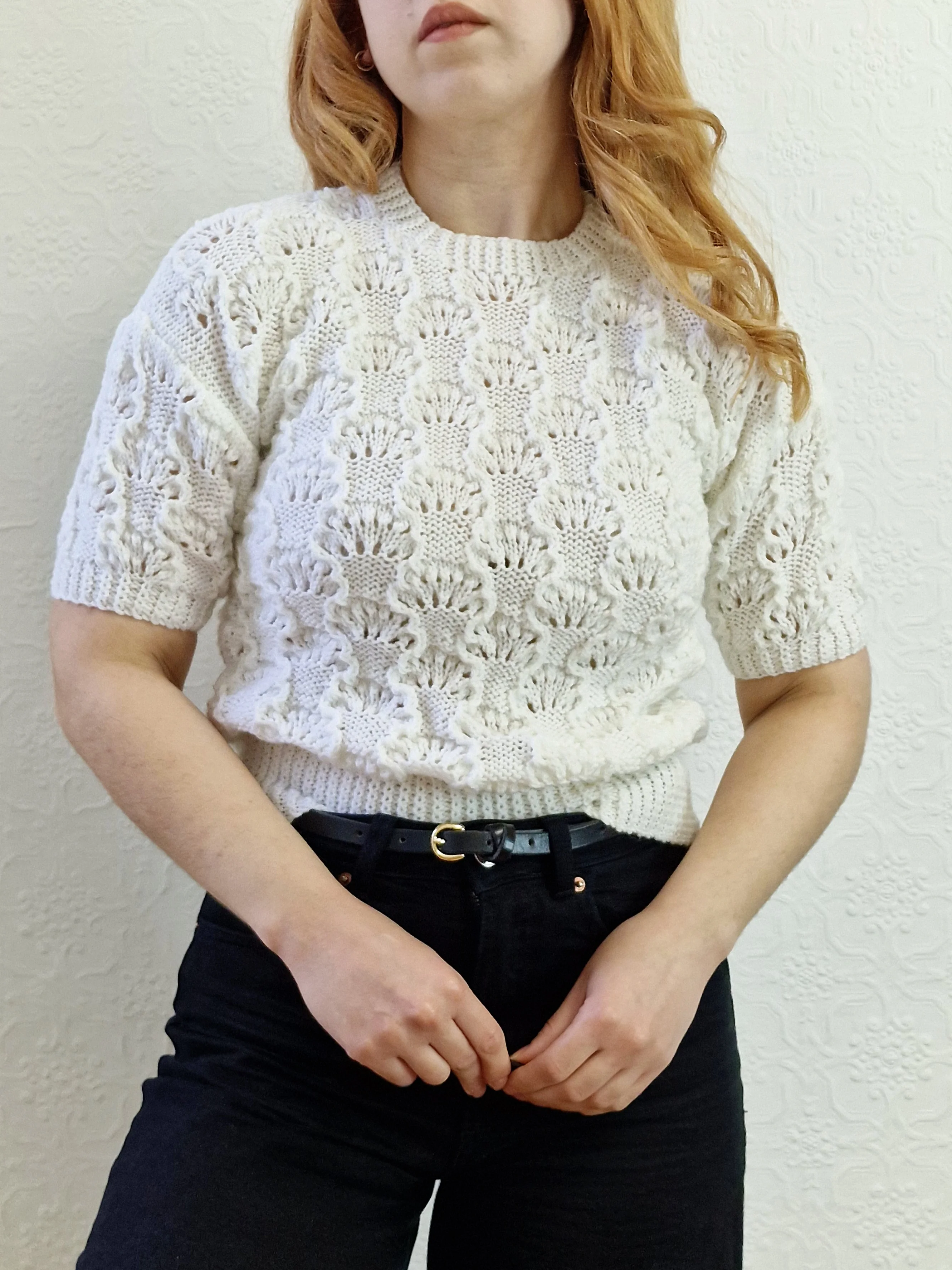 Vintage 80s White Round Neck Handknitted Jumper Top with Short Sleeves - XS - Image 2