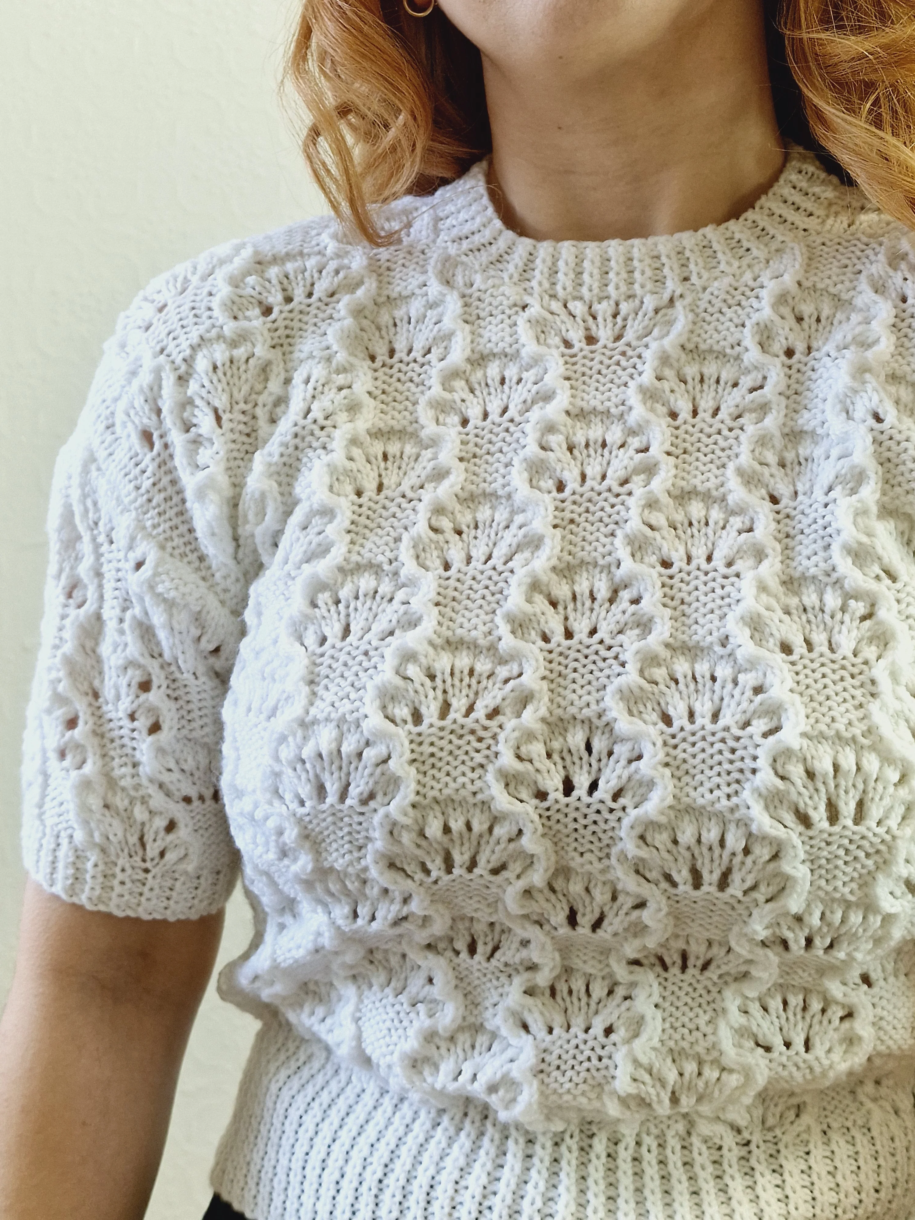 Vintage 80s White Round Neck Handknitted Jumper Top with Short Sleeves - XS - Image 3