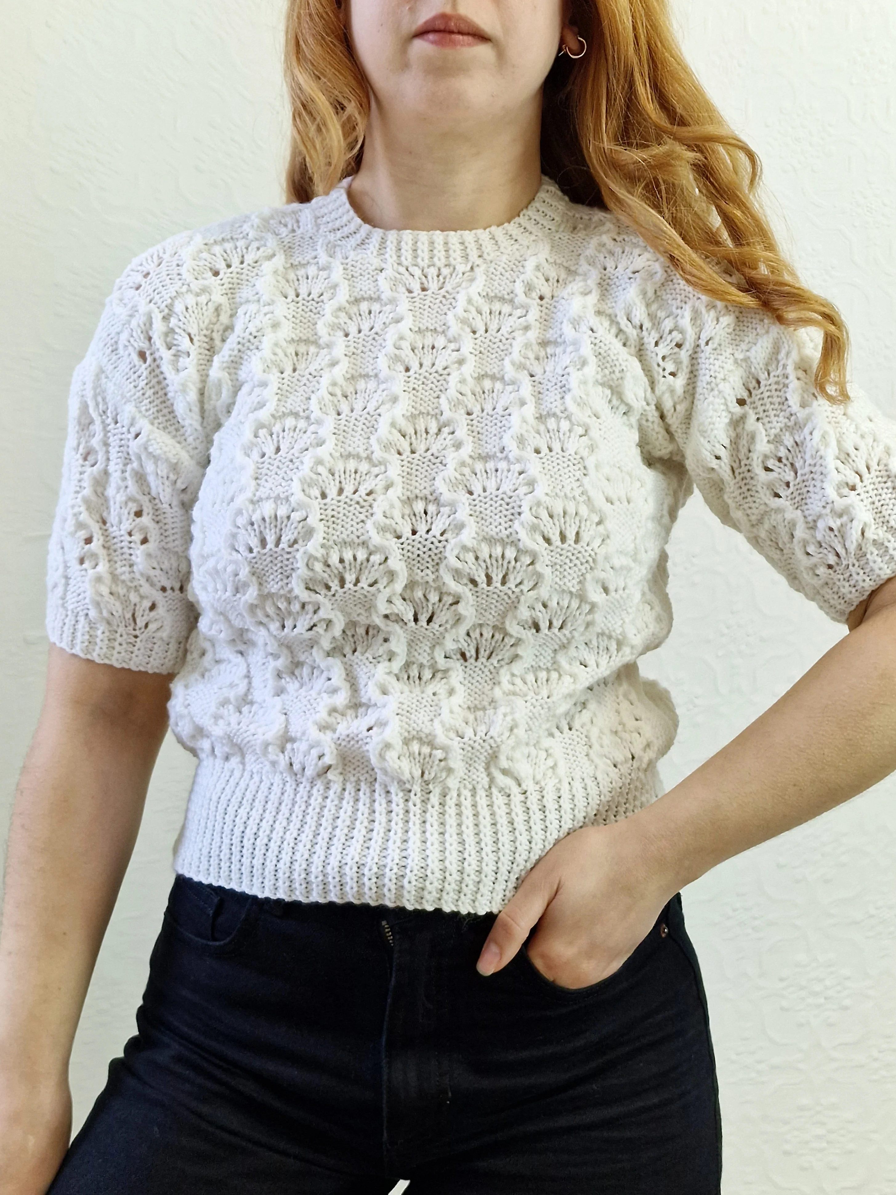 Vintage 80s White Round Neck Handknitted Jumper Top with Short Sleeves - XS - Image 4