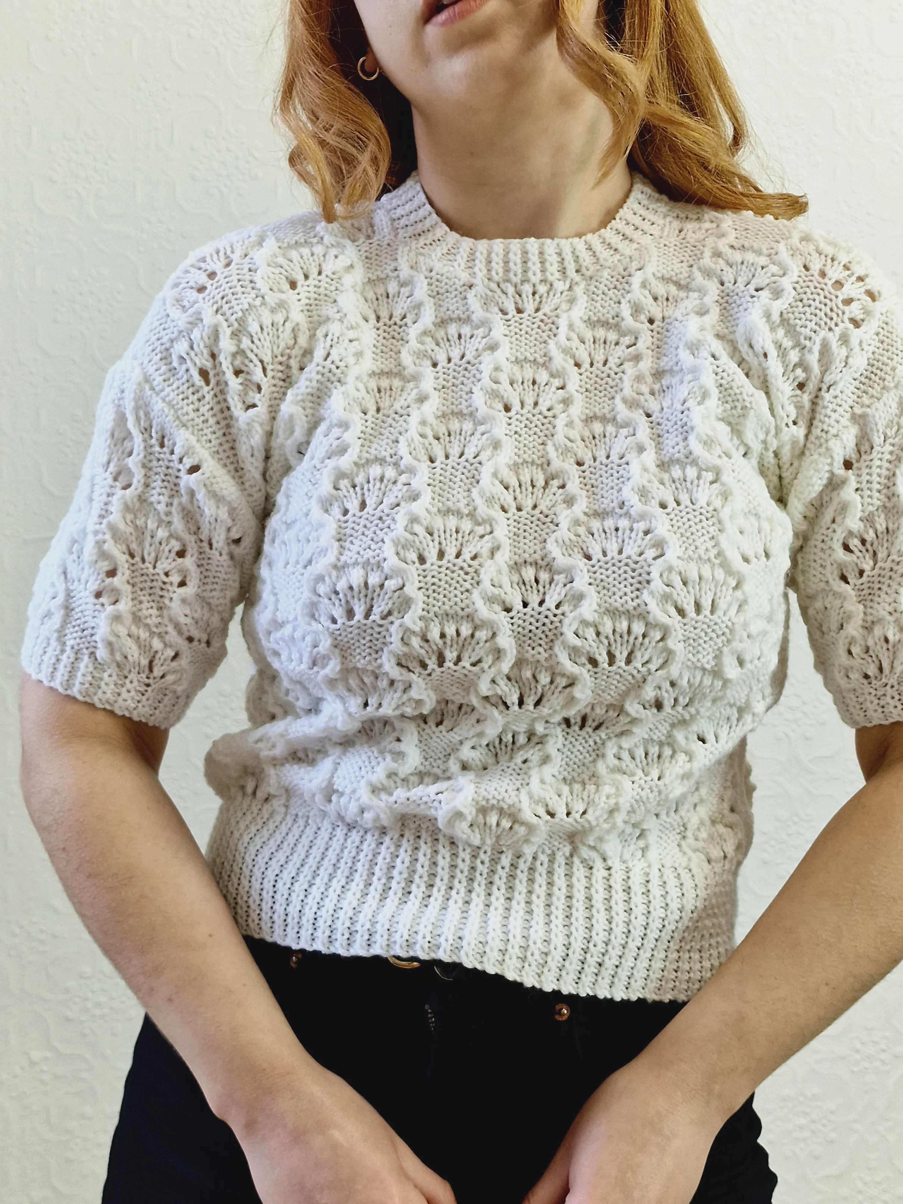 Vintage 80s White Round Neck Handknitted Jumper Top with Short Sleeves - XS - Image 5