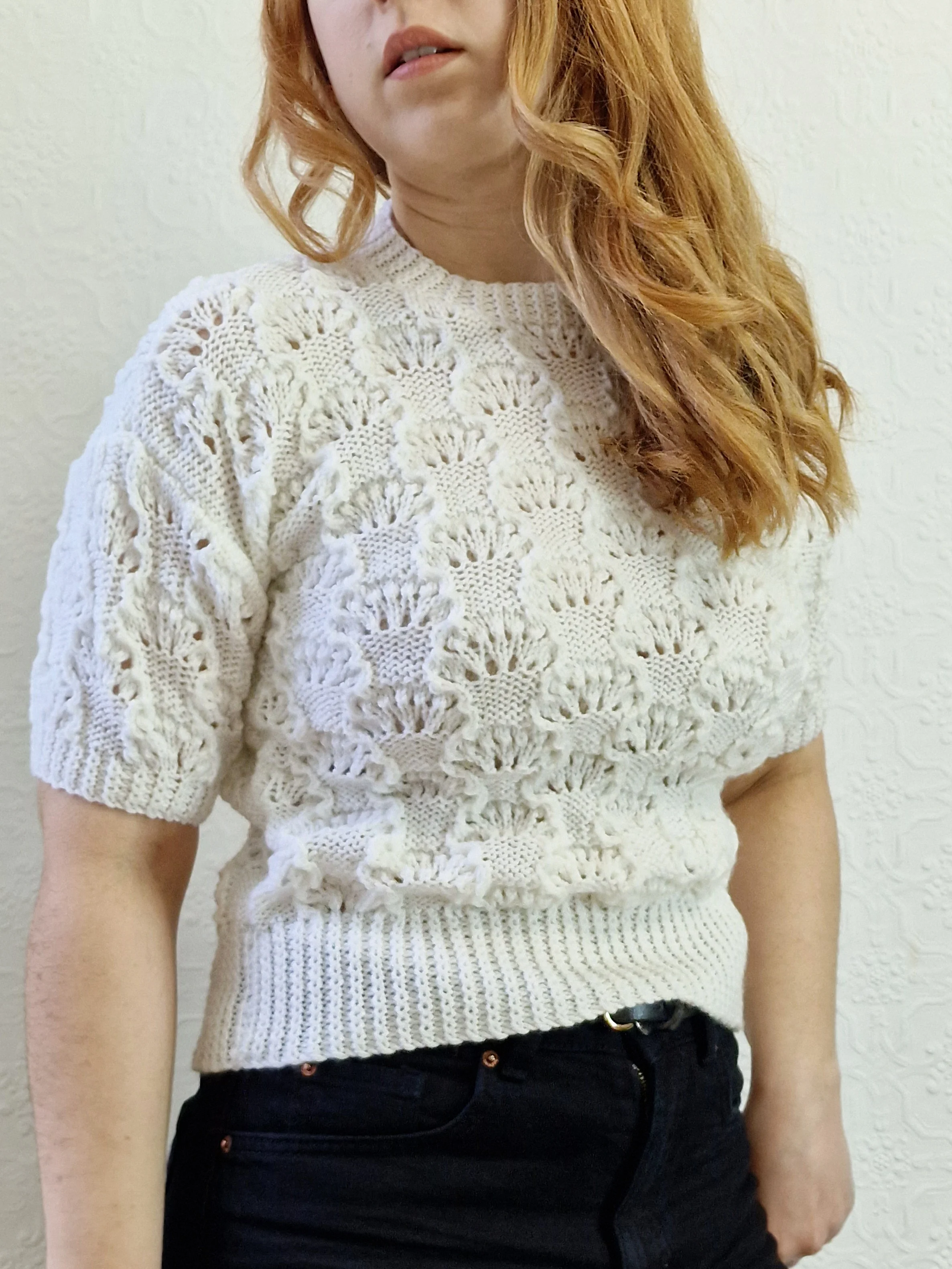 Vintage 80s White Round Neck Handknitted Jumper Top with Short Sleeves - XS - Image 6