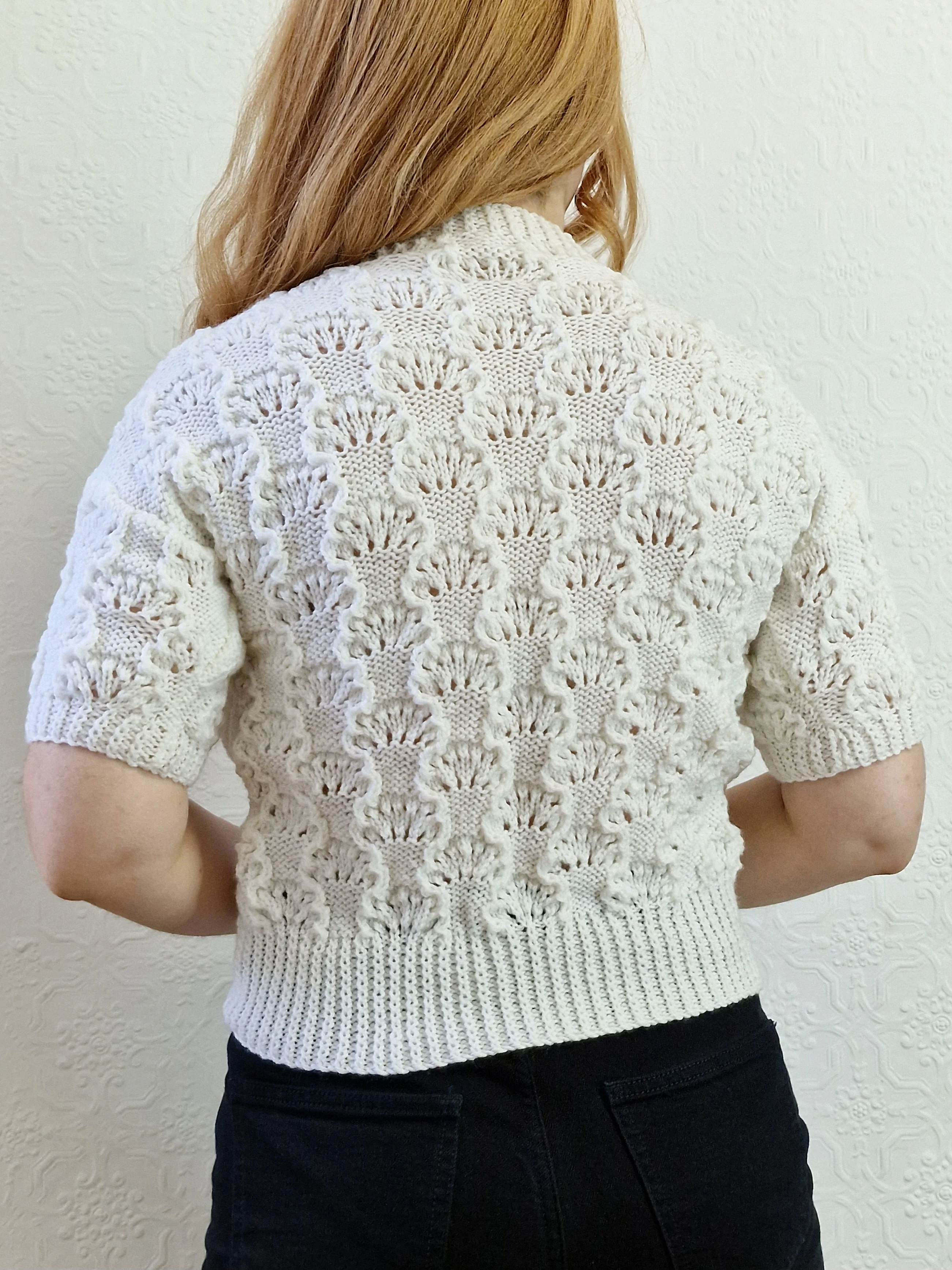 Vintage 80s White Round Neck Handknitted Jumper Top with Short Sleeves - XS - Image 7