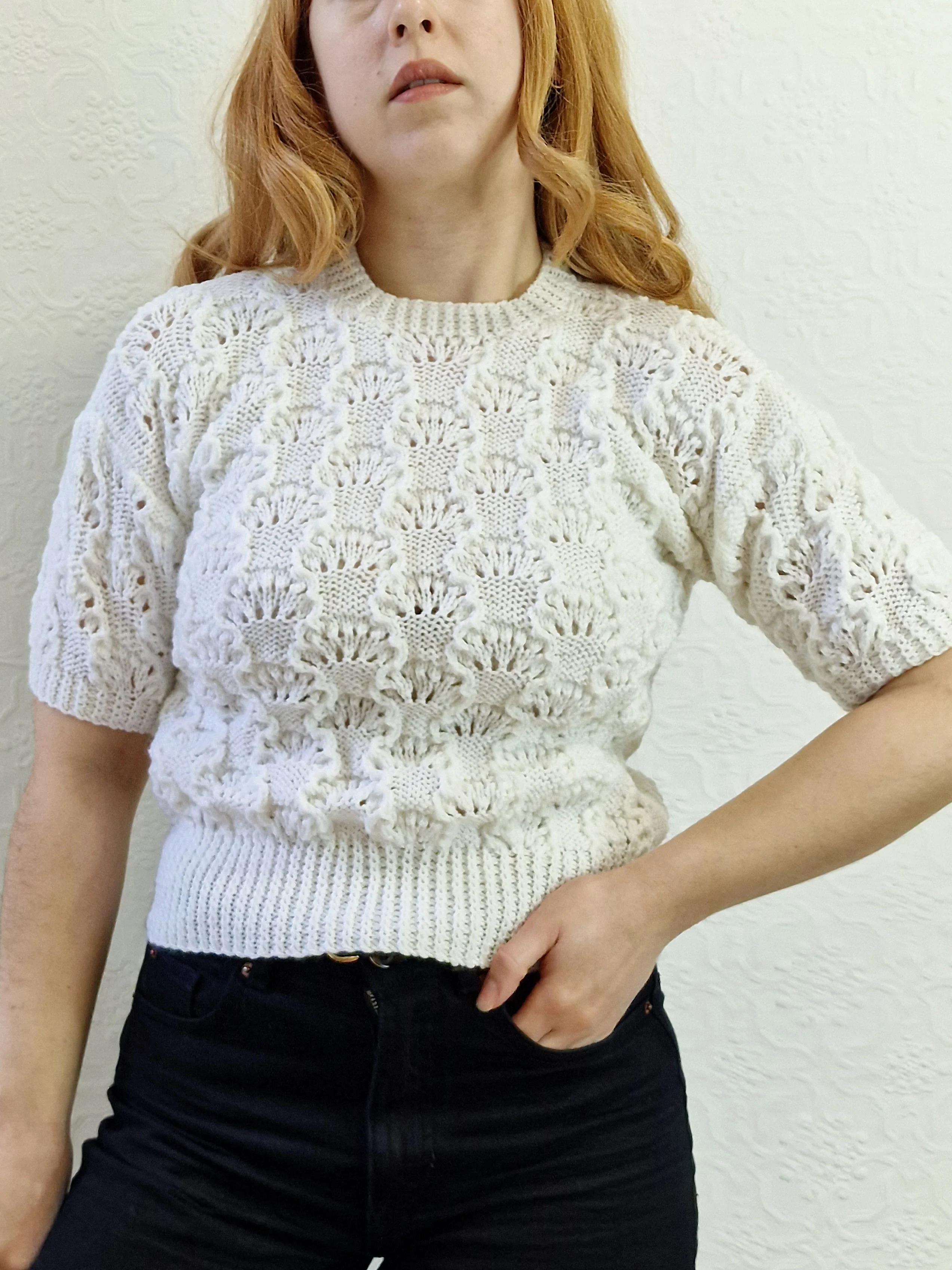 Vintage 80s White Round Neck Handknitted Jumper Top with Short Sleeves - XS - Image 9