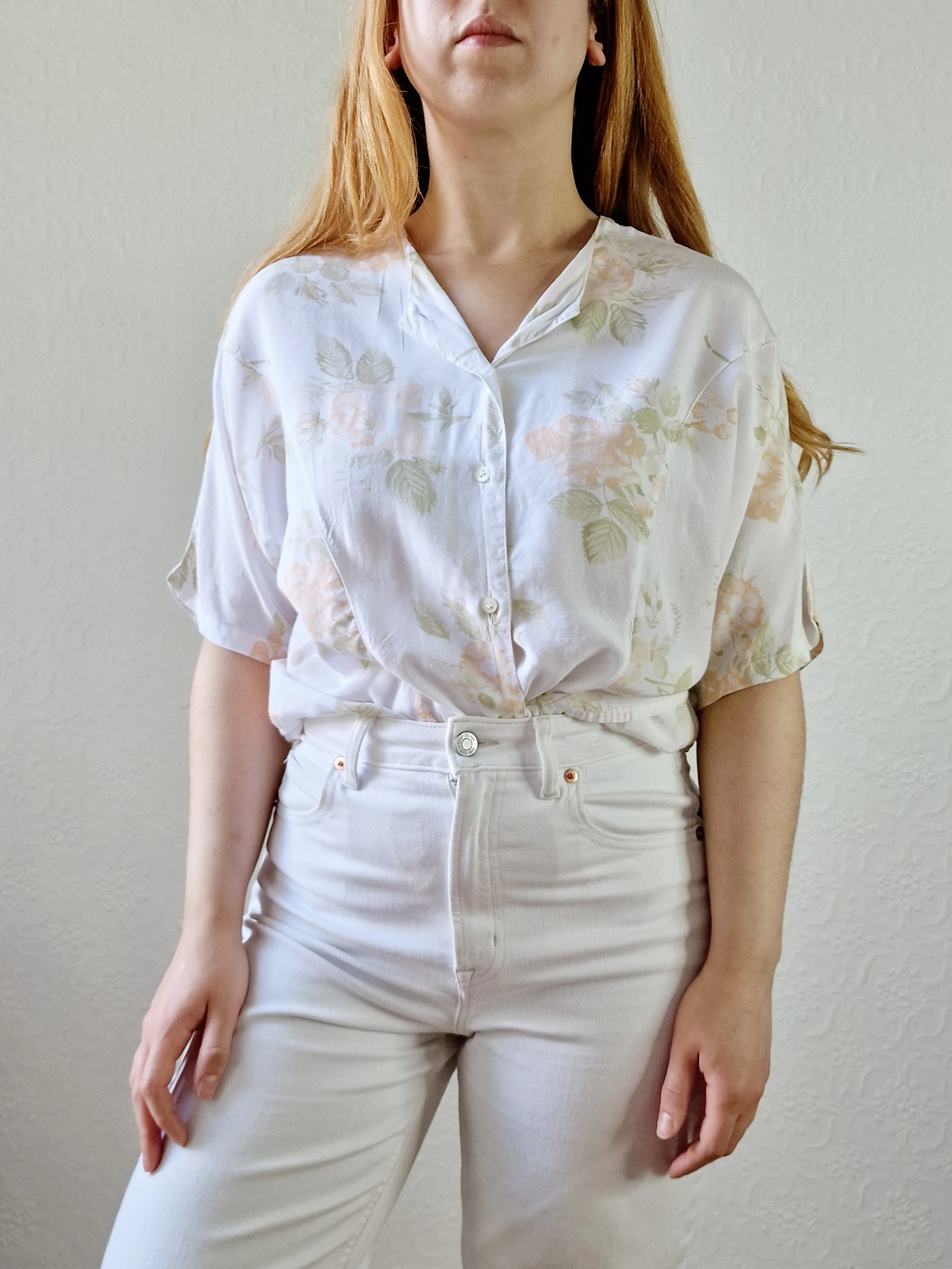 Vintage 80s White Short Sleeve Blouse with Pink Floral Print - M