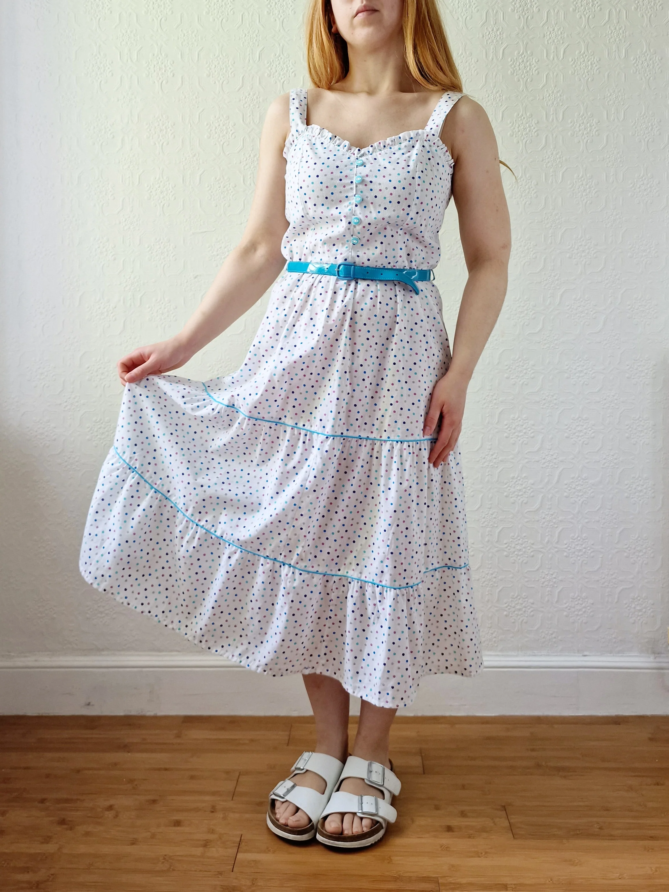 Vintage 80s White Sleeveless Sundress with Blue Polka Dots - XS/S - Image 2