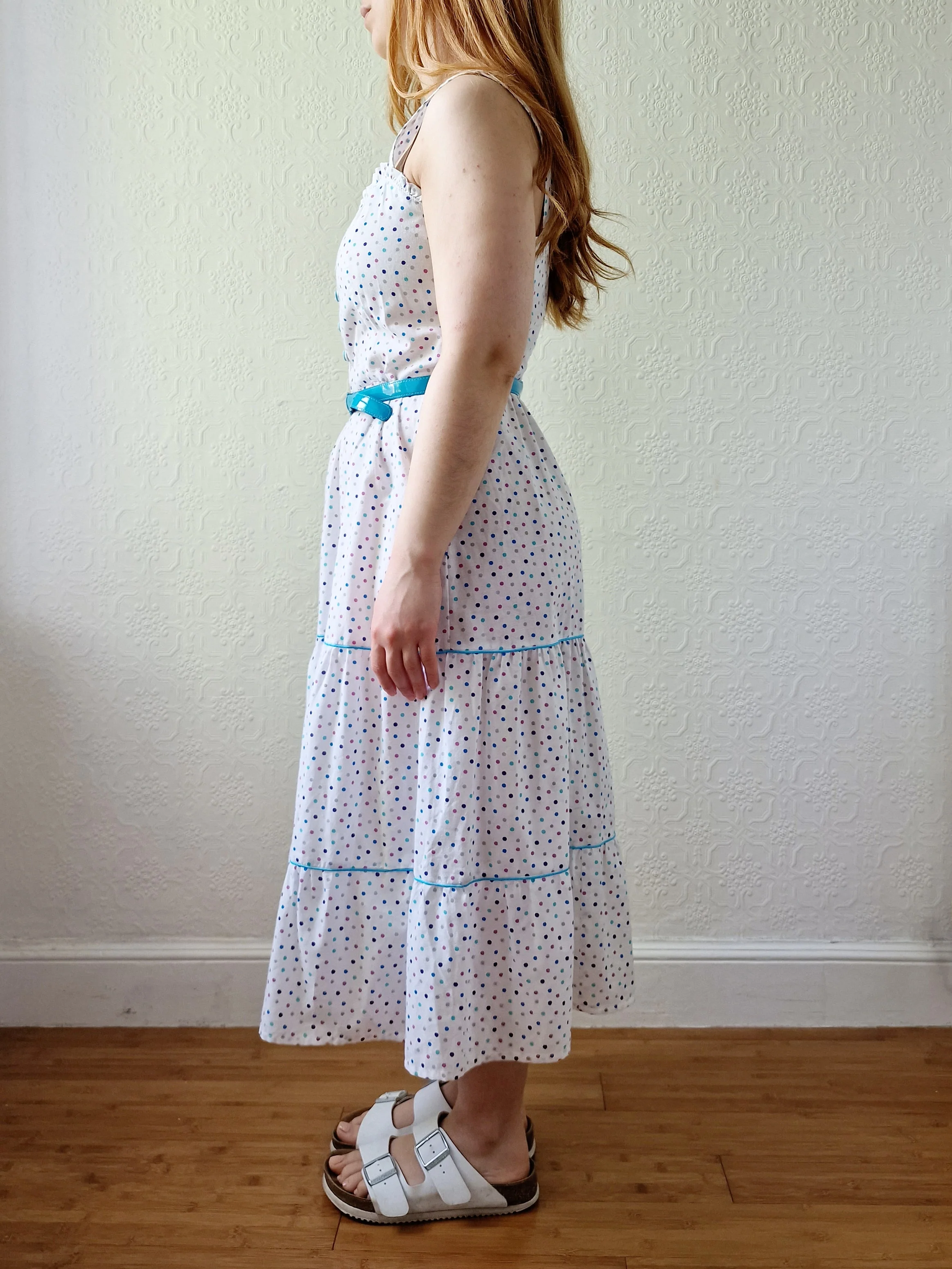 Vintage 80s White Sleeveless Sundress with Blue Polka Dots - XS/S - Image 3