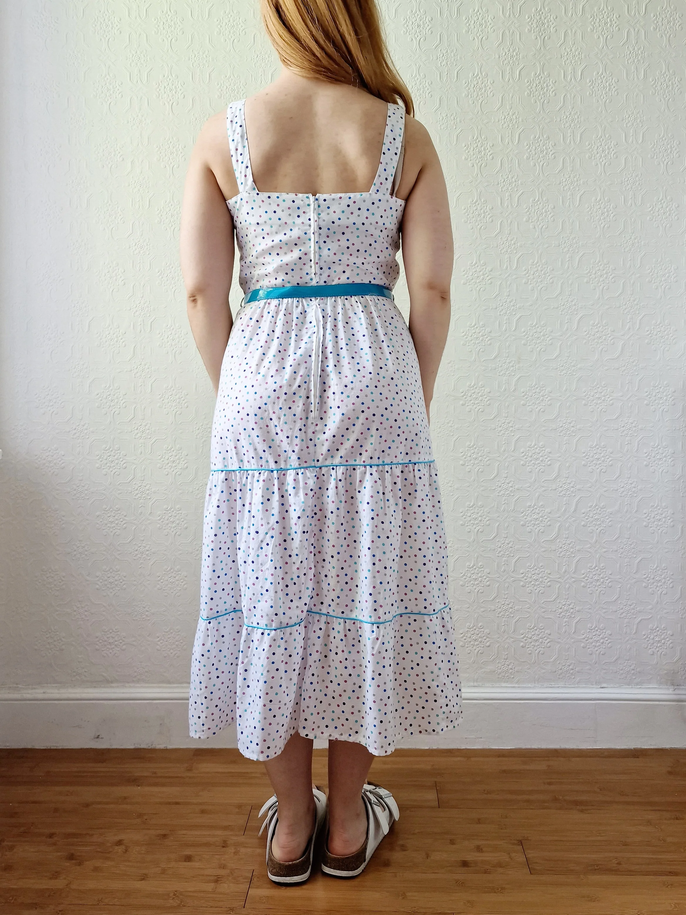 Vintage 80s White Sleeveless Sundress with Blue Polka Dots - XS/S - Image 4
