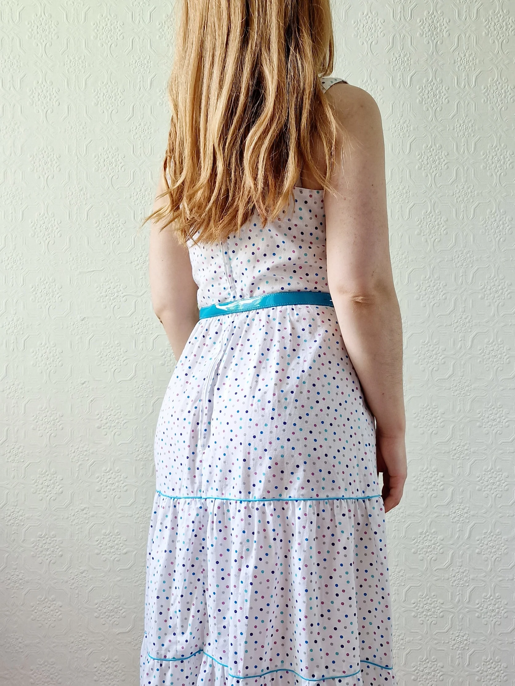 Vintage 80s White Sleeveless Sundress with Blue Polka Dots - XS/S - Image 5