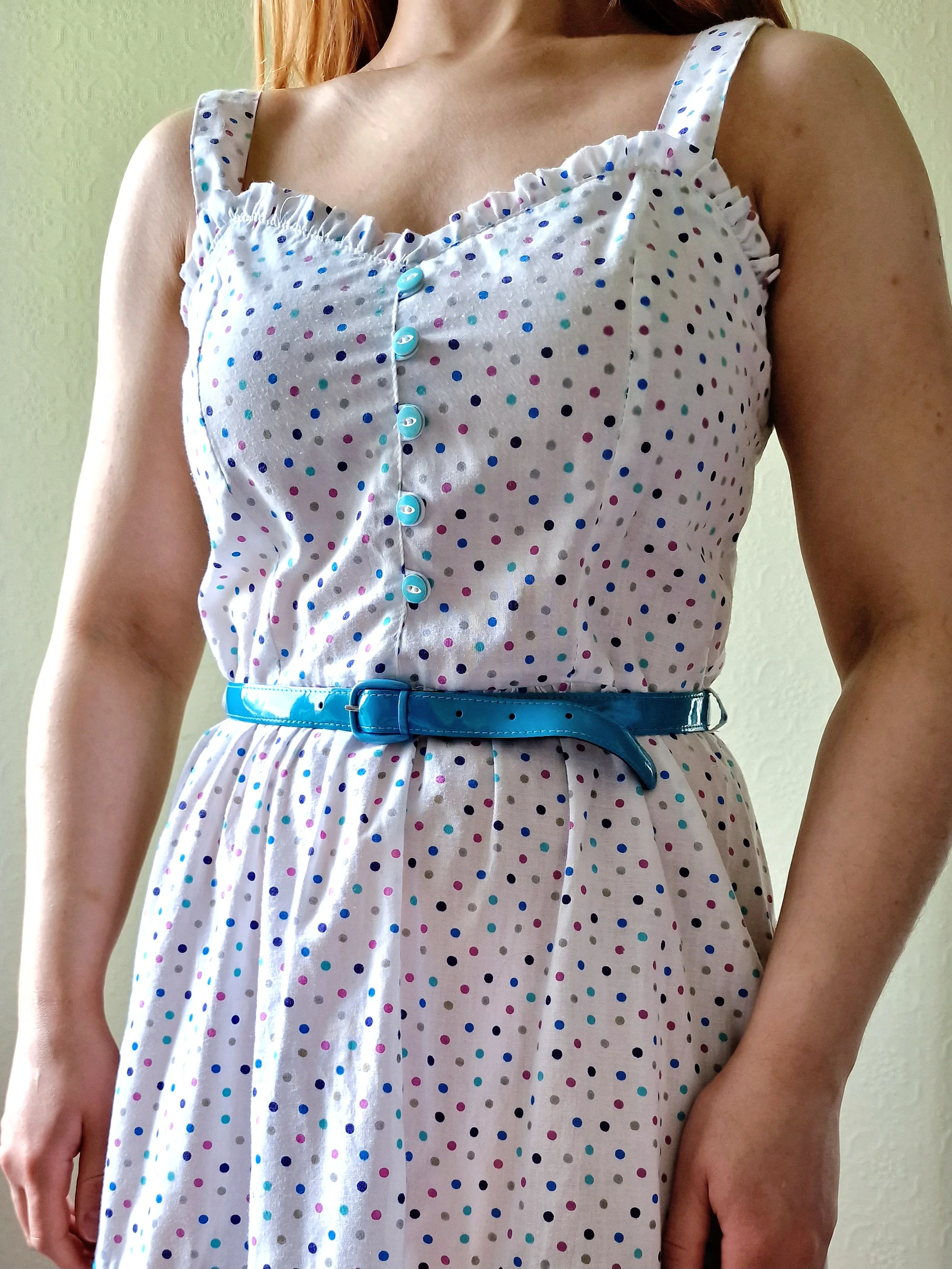 Vintage 80s White Sleeveless Sundress with Blue Polka Dots - XS/S - Image 6
