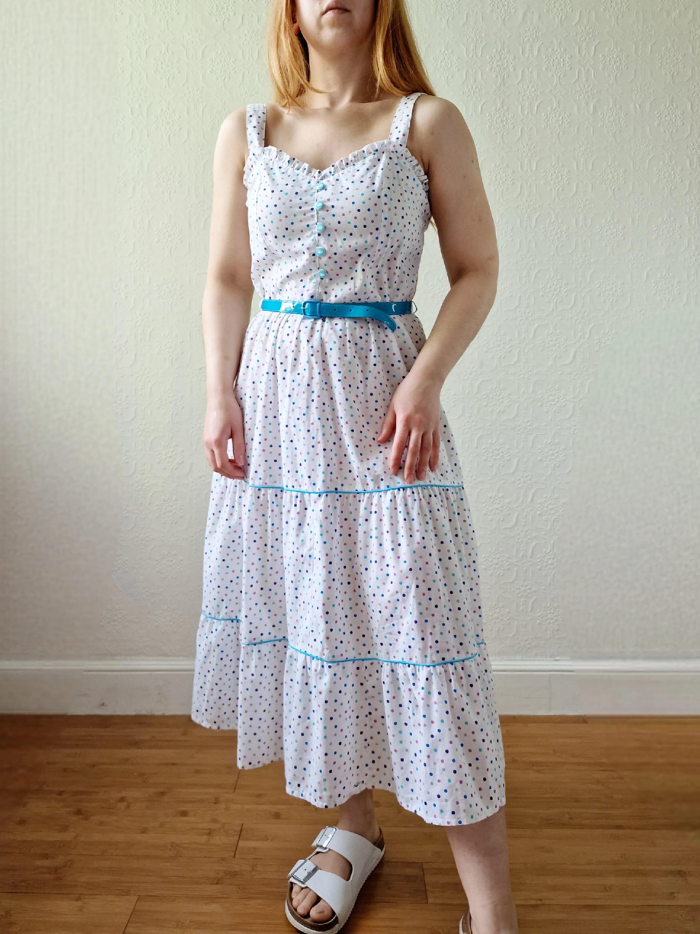 Vintage 80s White Sleeveless Sundress with Blue Polka Dots - XS/S - Image 7