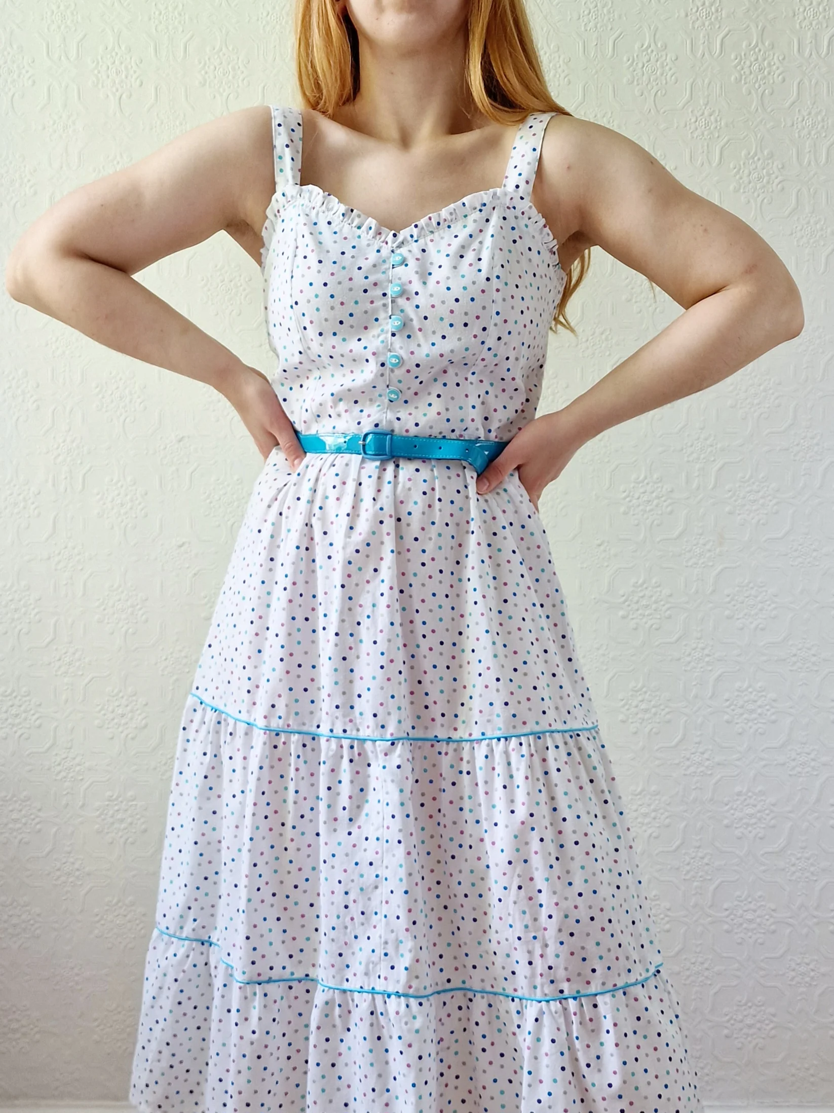 Vintage 80s White Sleeveless Sundress with Blue Polka Dots - XS/S - Image 8