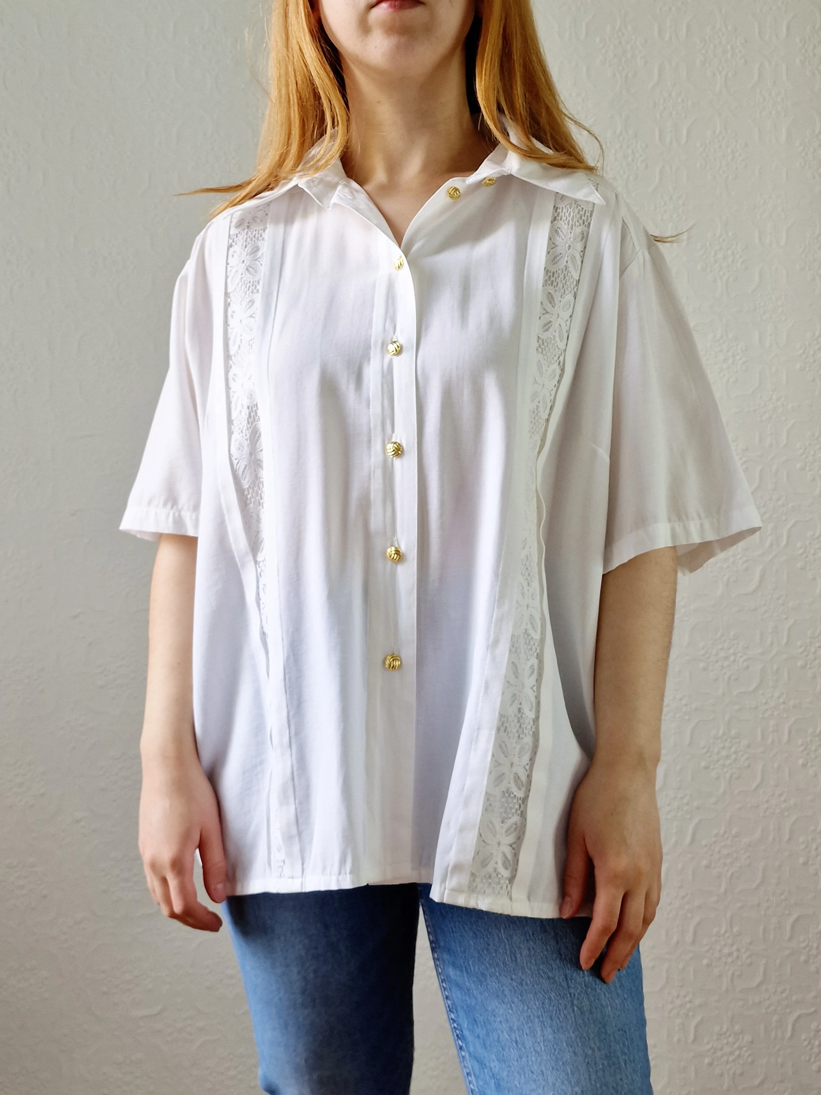 Vintage 80s White Soft Blouse with Lace Details - L/XL - Image 2