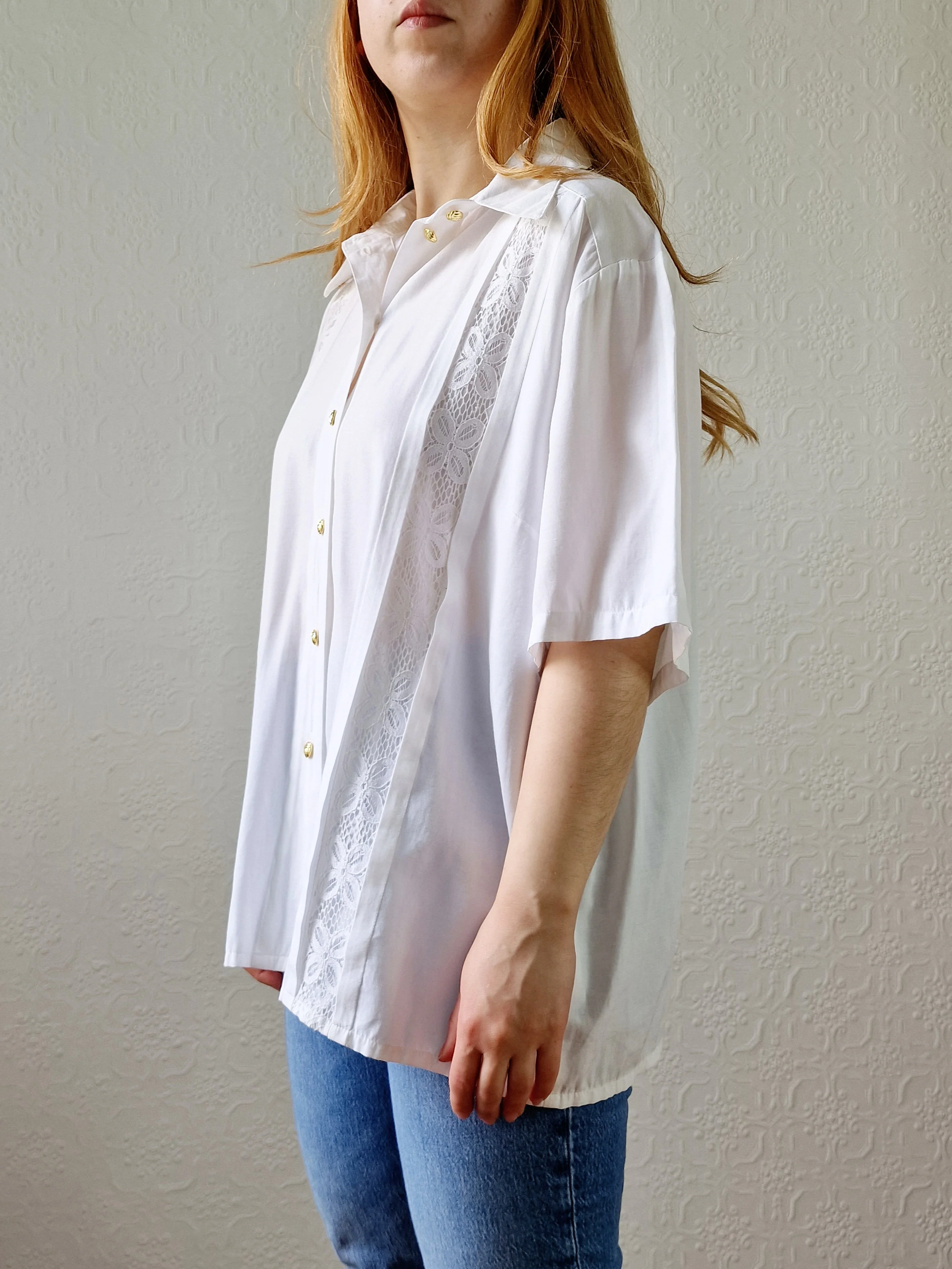 Vintage 80s White Soft Blouse with Lace Details - L/XL - Image 3