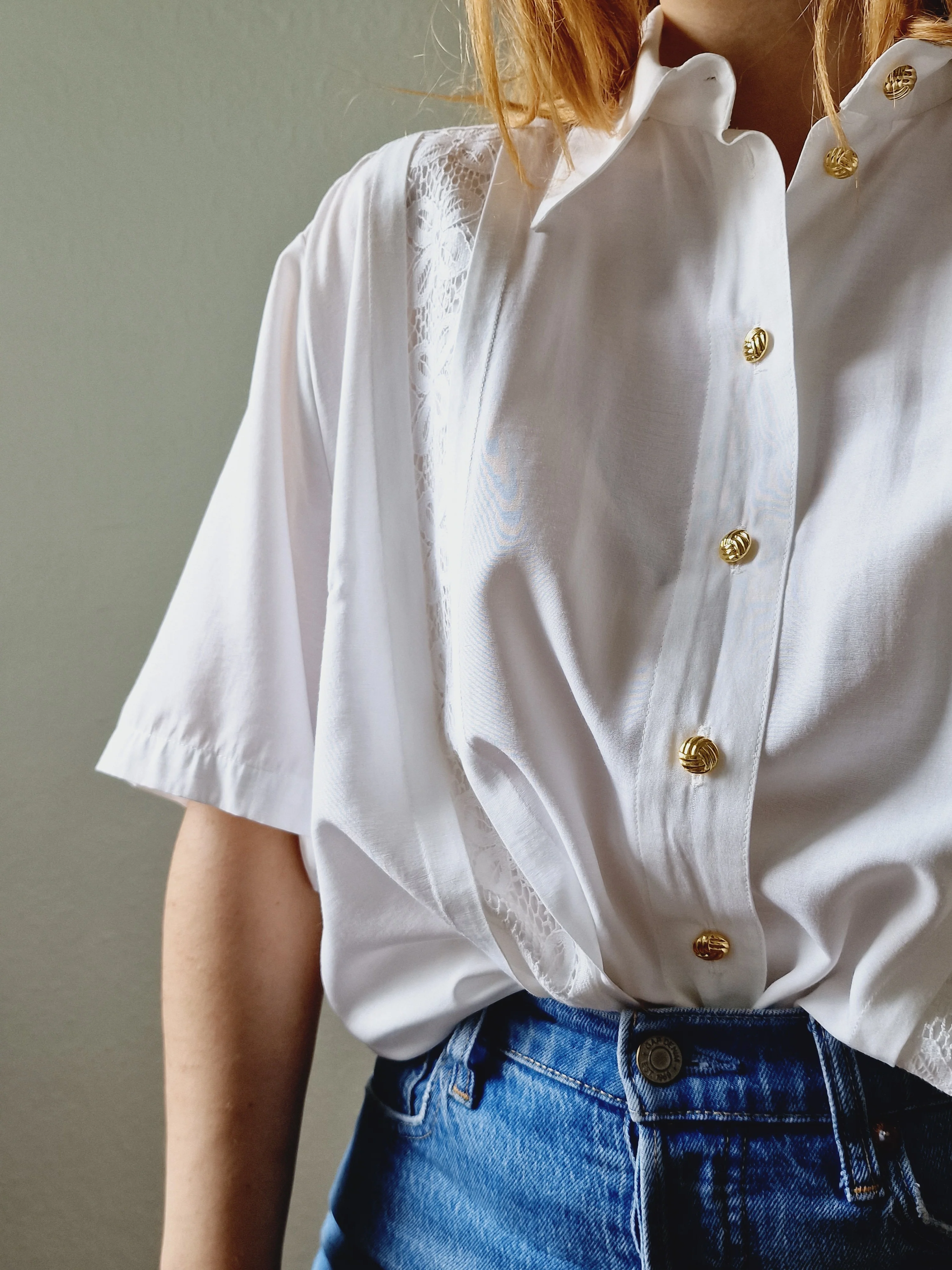 Vintage 80s White Soft Blouse with Lace Details - L/XL - Image 5