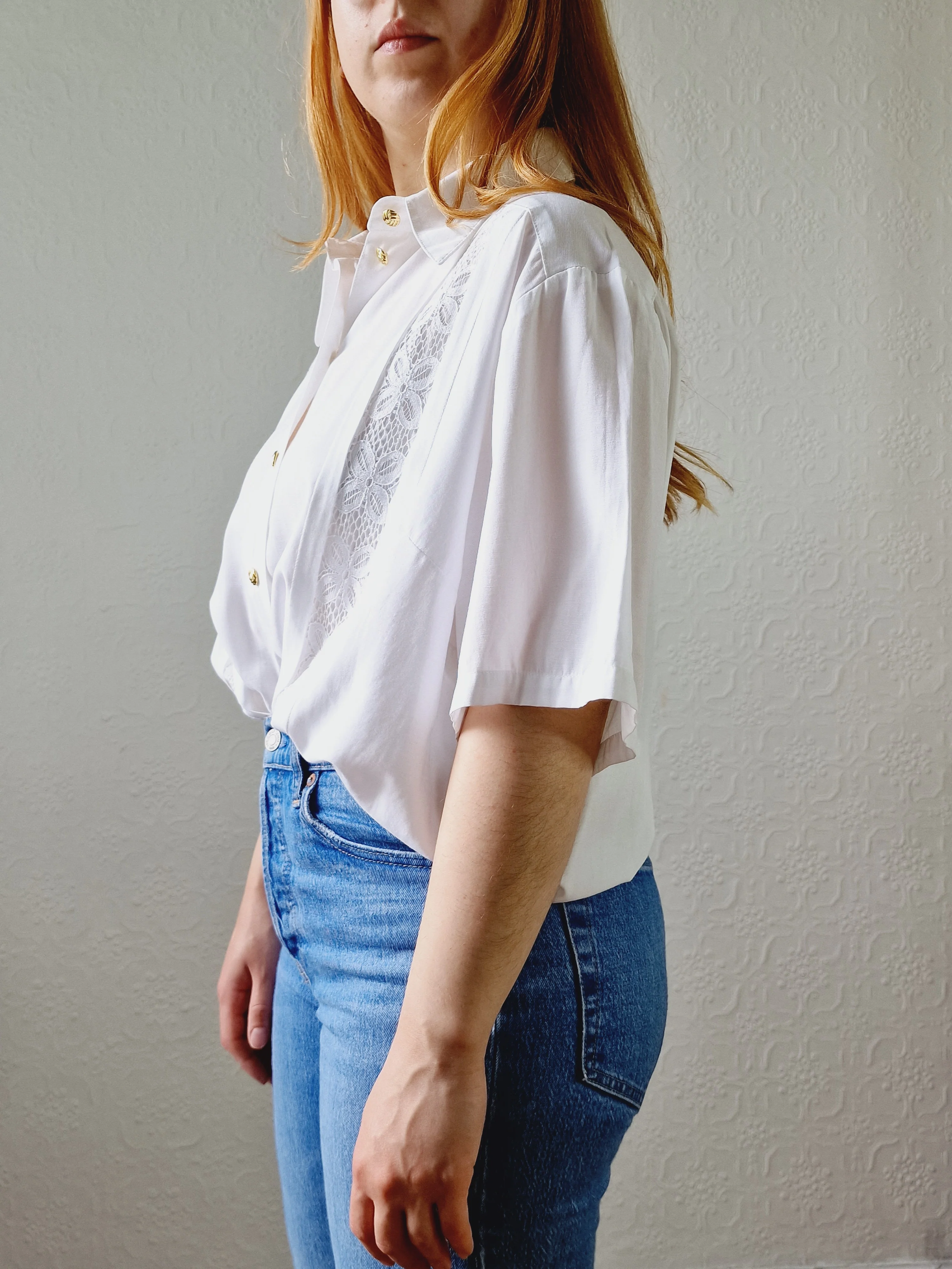 Vintage 80s White Soft Blouse with Lace Details - L/XL - Image 6