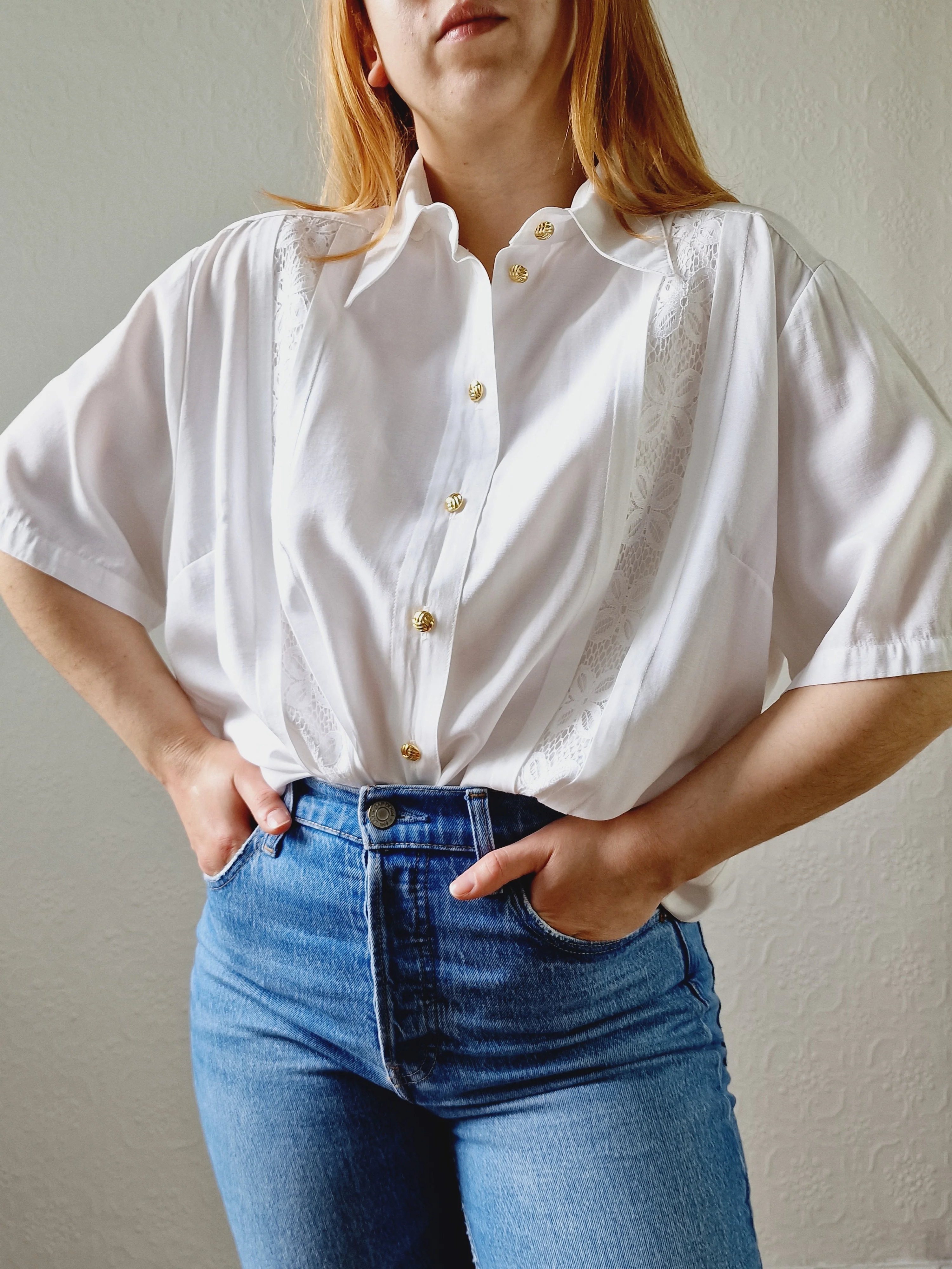 Vintage 80s White Soft Blouse with Lace Details - L/XL - Image 7
